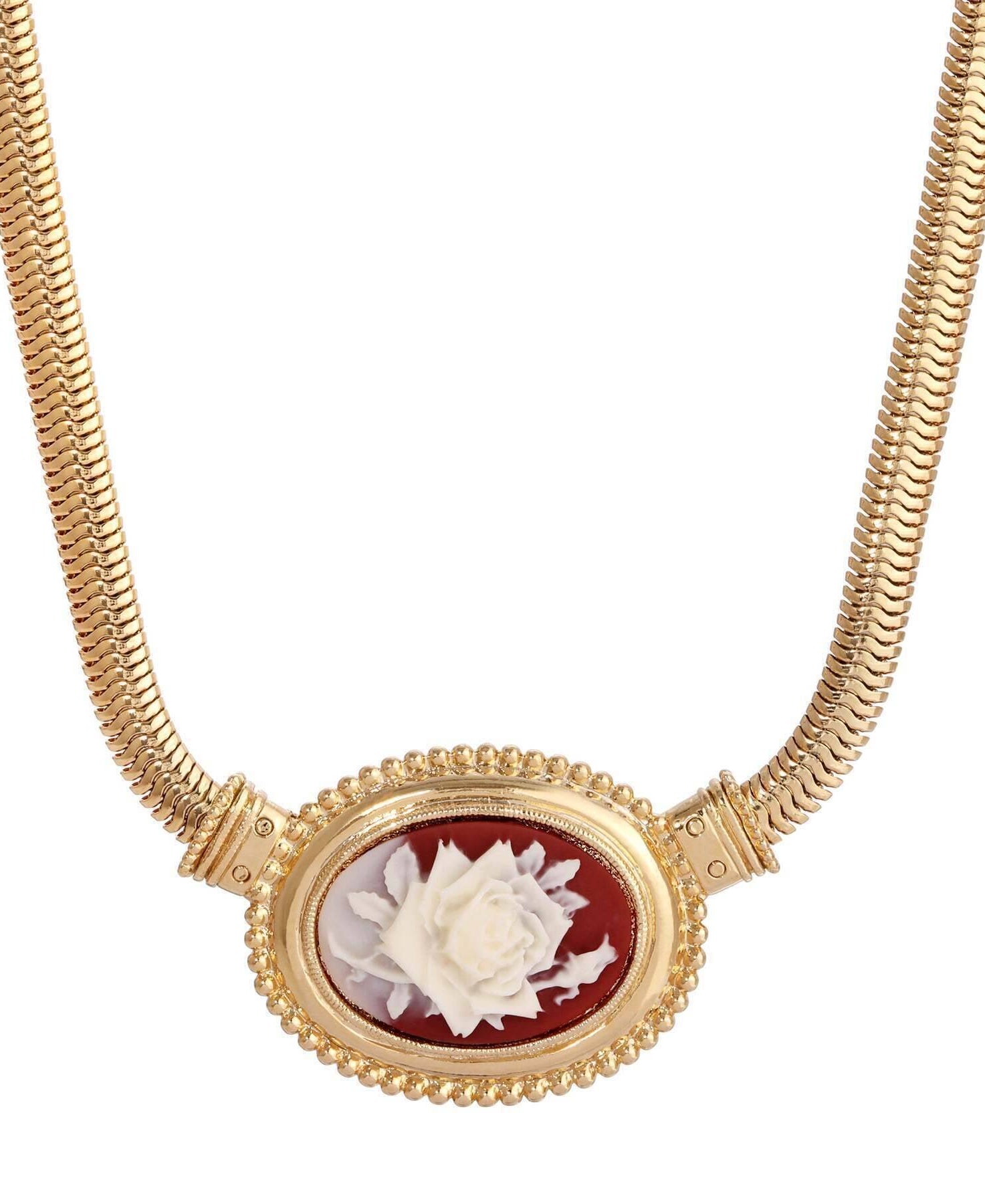 1928 Jewelry Oval Ivory Flower Carnelian Red Cameo Snake Chain Pendant Necklace 16" + 3" Extender