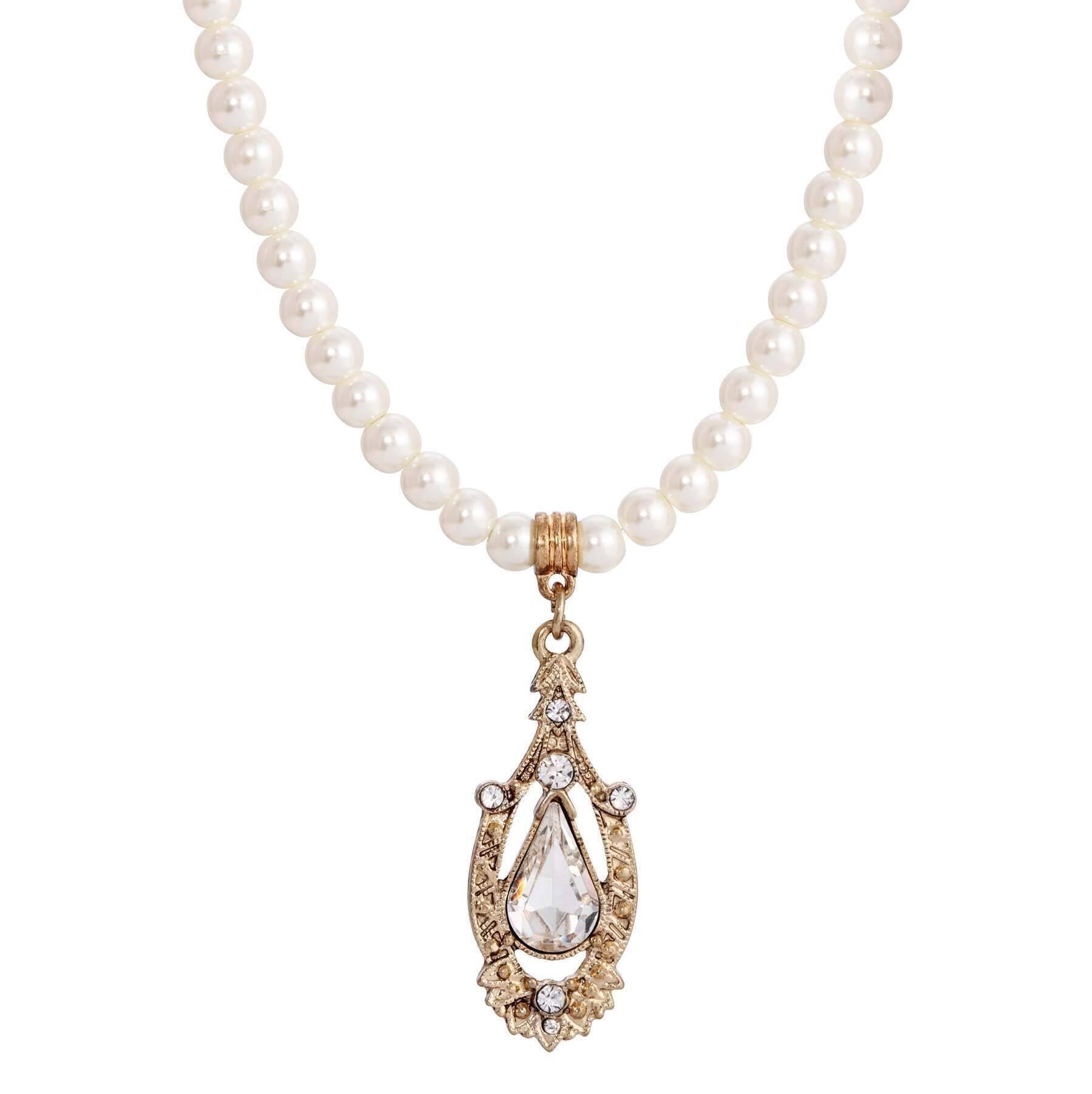 1928 Jewelry Ceremony 5mm Faux Pearl Strand Teardrop Crystal Pendant Necklace 14.5"
