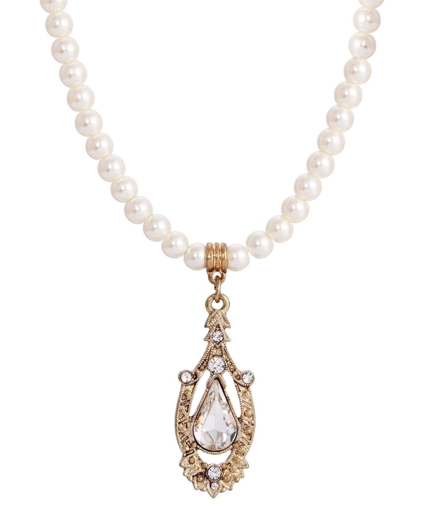 1928 Jewelry Ceremony 5mm Faux Pearl Strand Teardrop Crystal Pendant Necklace 14.5"