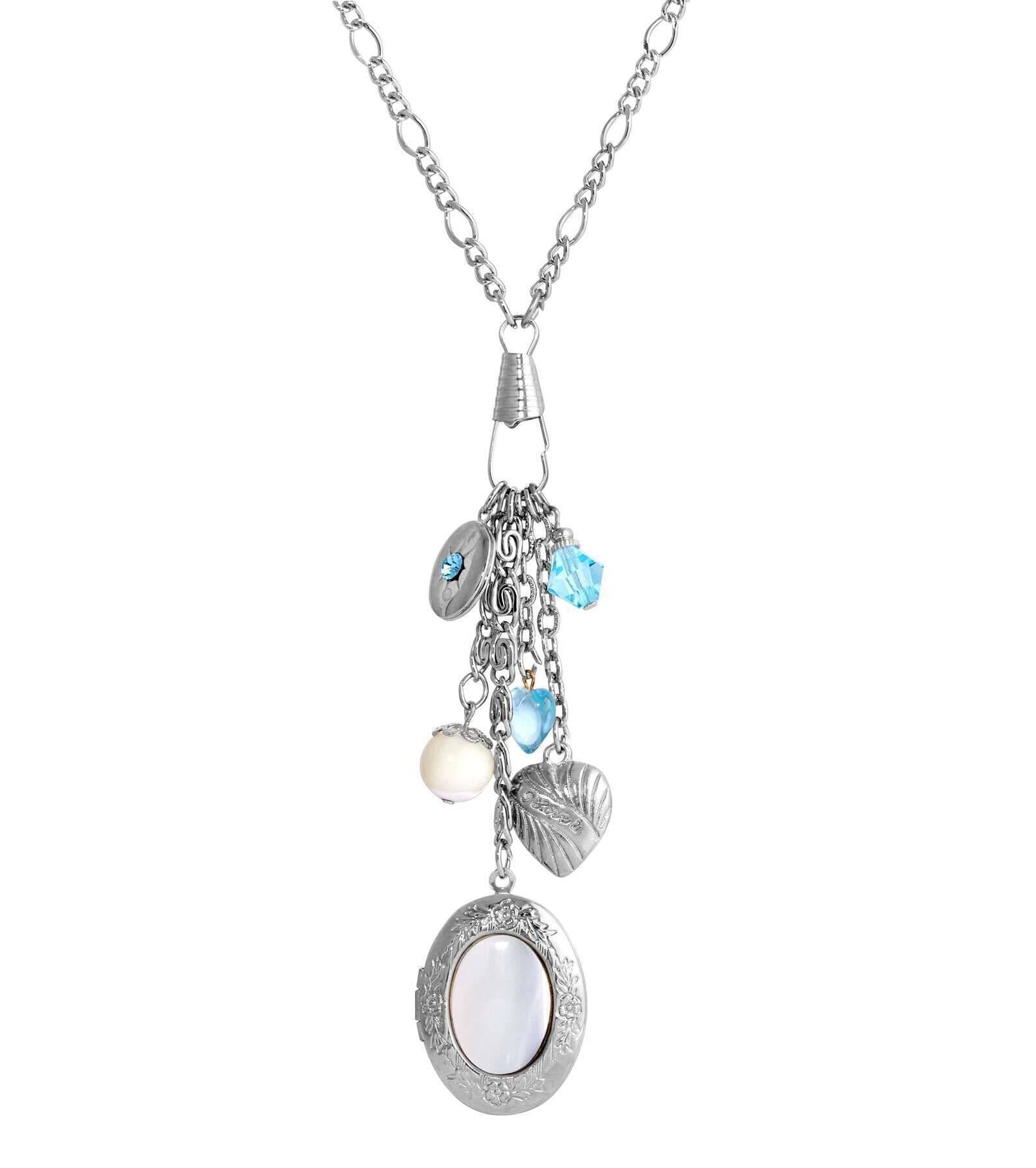 1928 Jewelry Aquamarine Crystal Mother Of Pearl Charms And Locket Necklace 30"