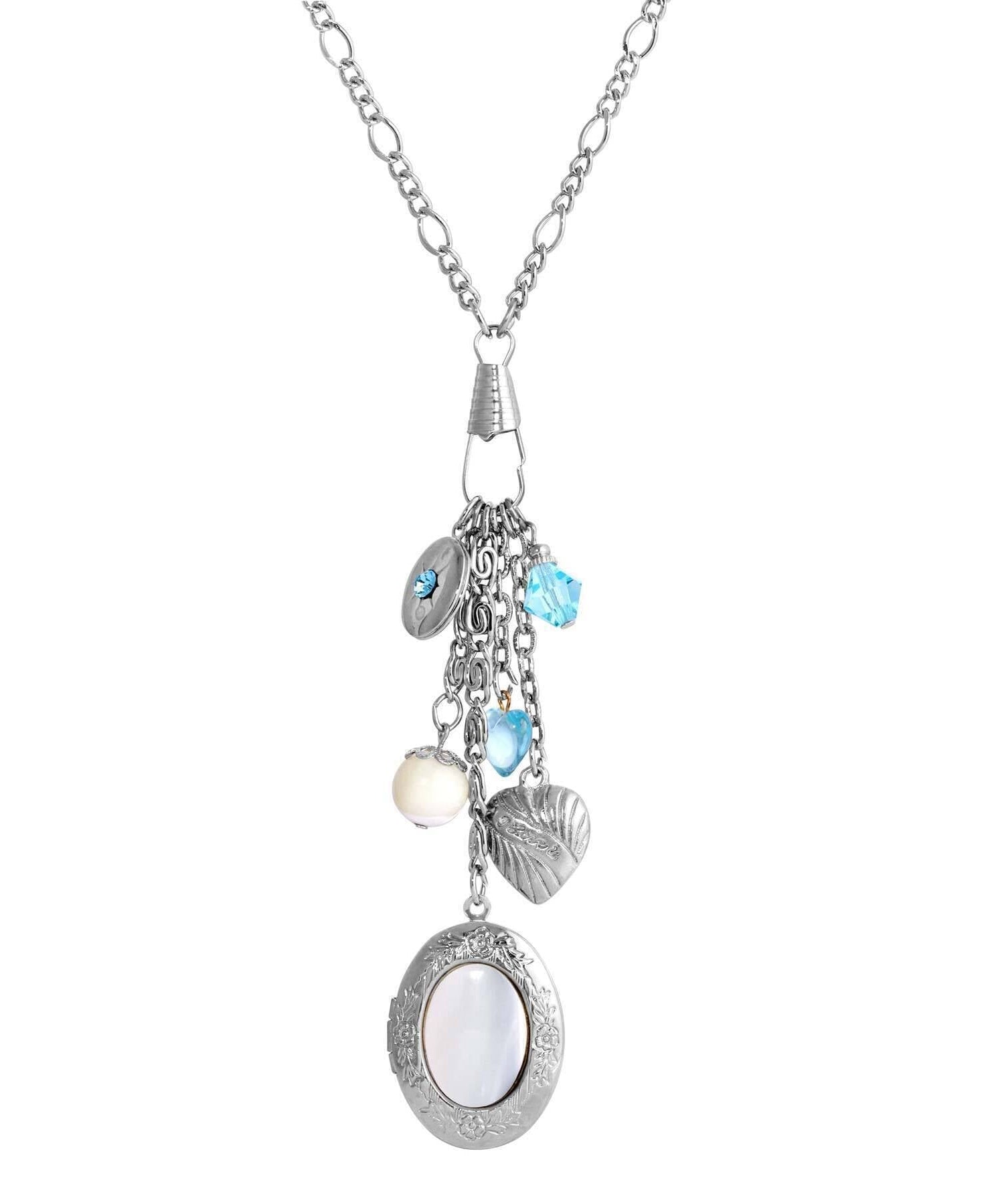 1928 Jewelry Aquamarine Crystal Mother Of Pearl Charms And Locket Necklace 30"