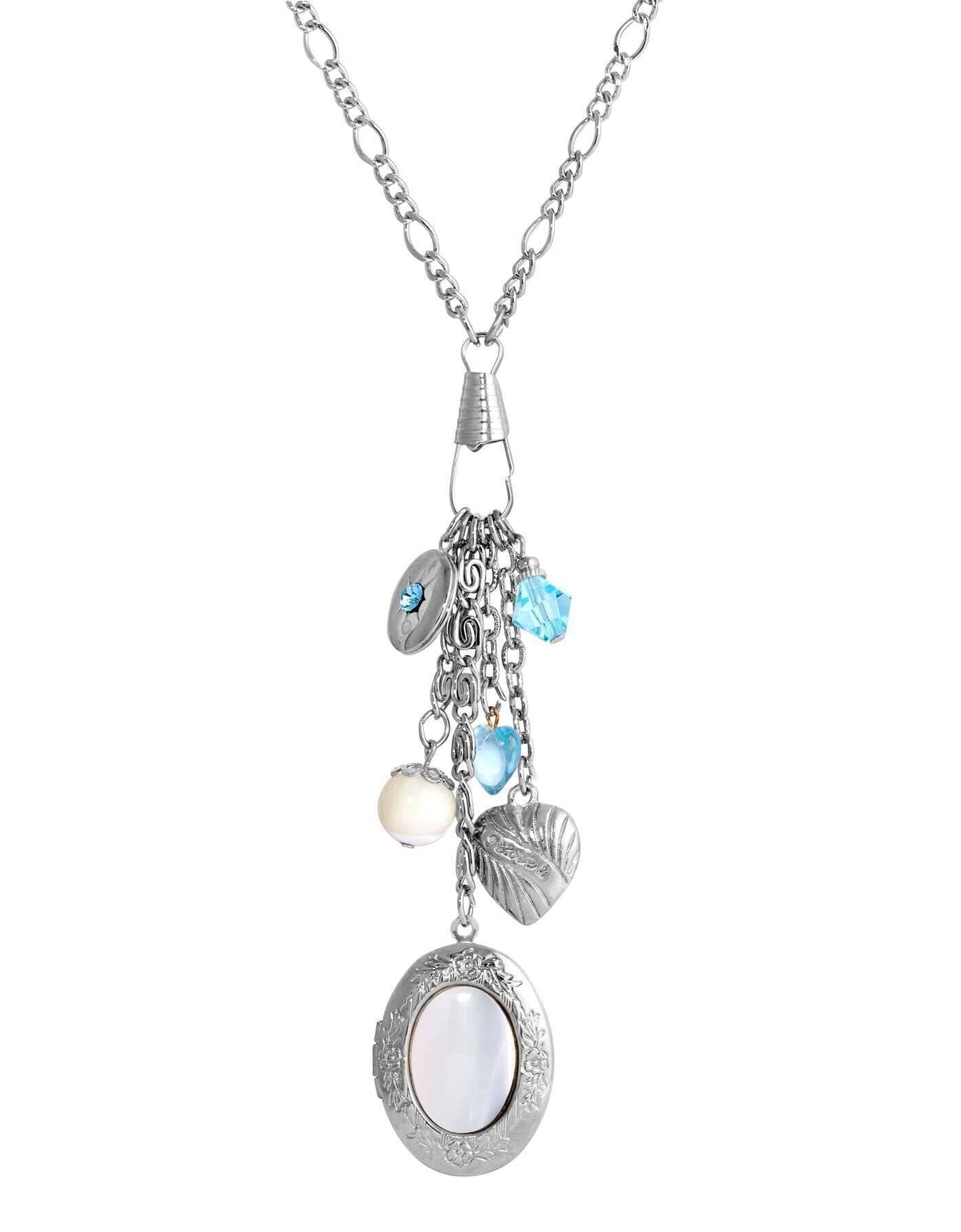 1928 Jewelry Aquamarine Crystal Mother Of Pearl Charms And Locket Necklace 30"