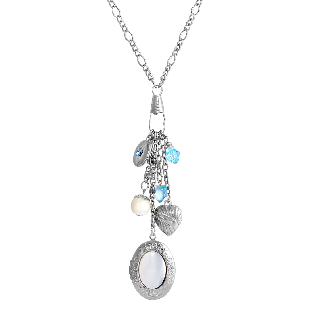 Aquamarine Crystal Mother Of Pearl Locket And Charms Necklace 30 Inches