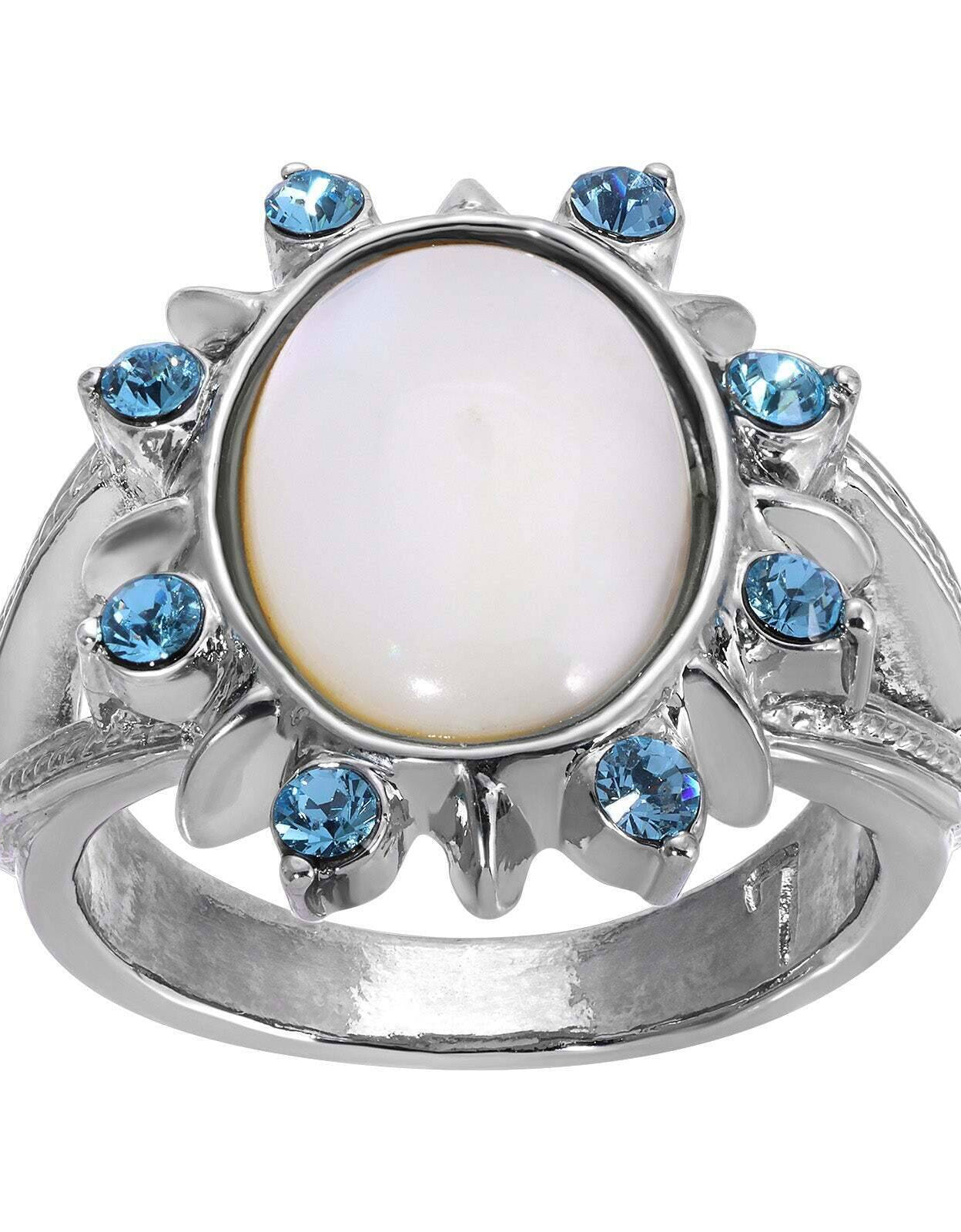 1928 Jewelry Aquamarine Crystal Crystal Mother Of Pearl Ring Size 7