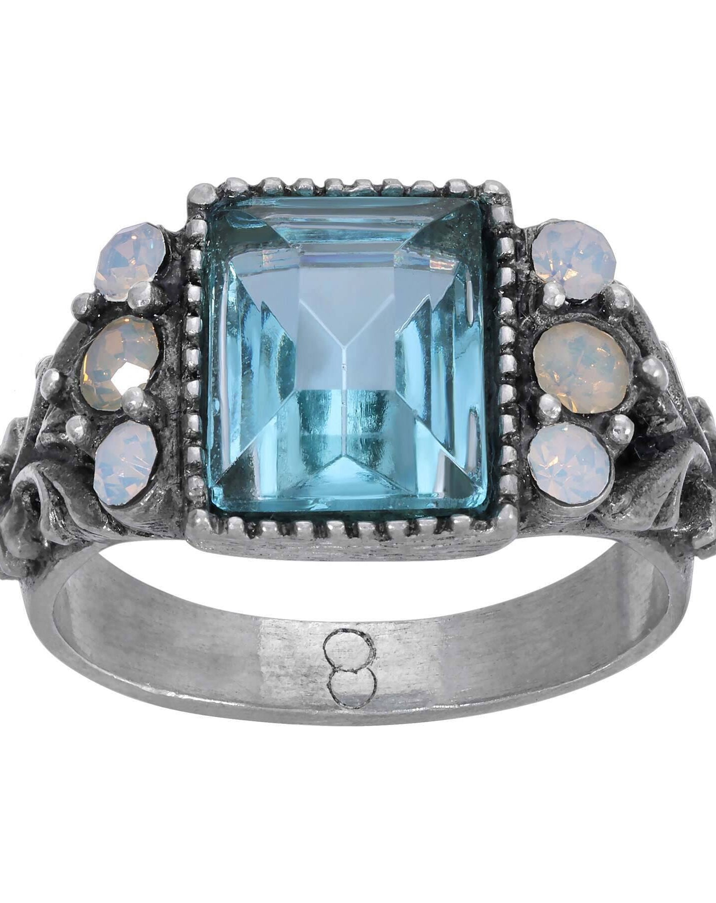 1928 Jewelry Aquamarine Crystal Rectangular Blue Crystal Opal Stone Ring Size 8
