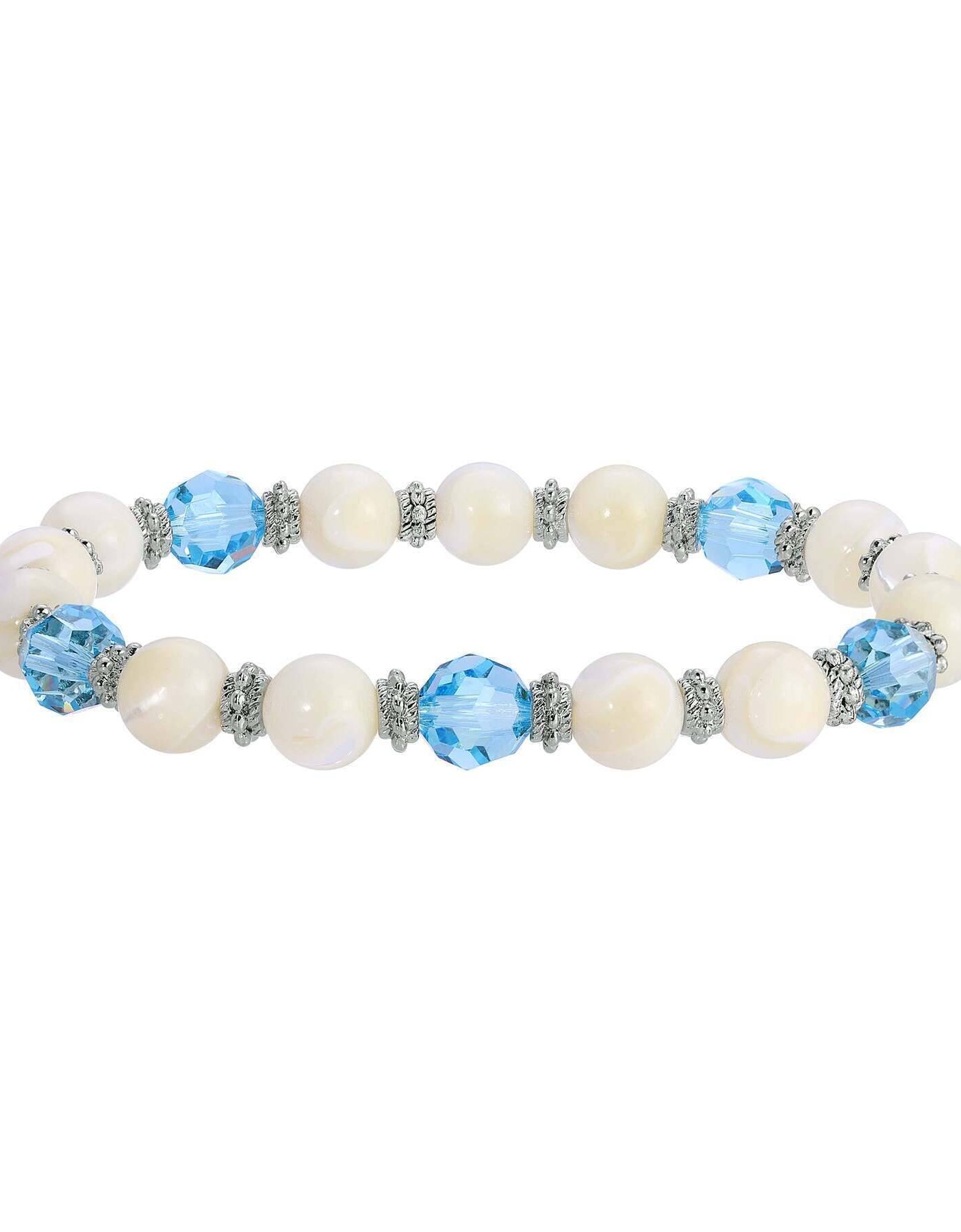 1928 Jewelry Aquamarine Crystal Mother Of Pearl Stretch Bracelet