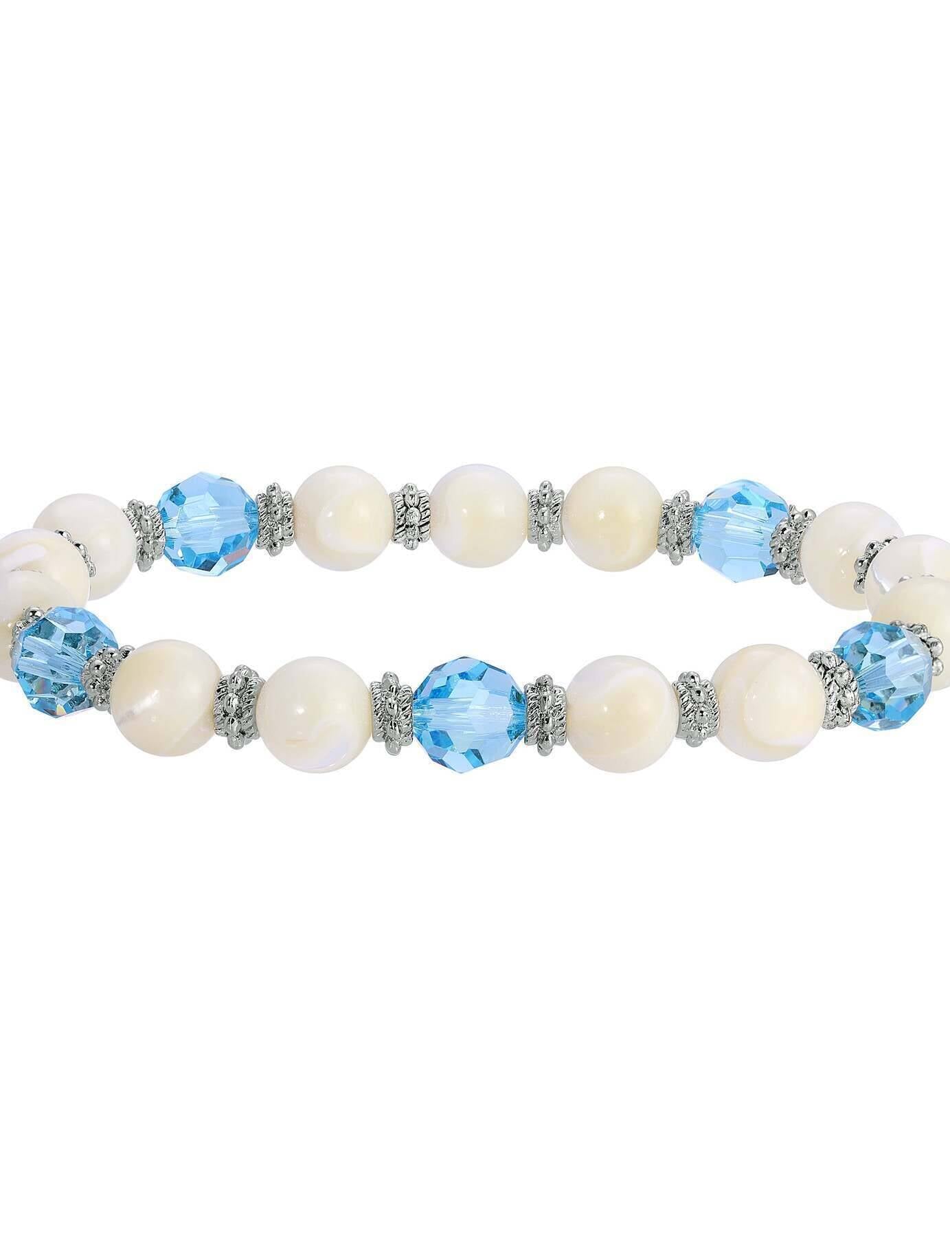 1928 Jewelry Aquamarine Crystal Mother Of Pearl Stretch Bracelet