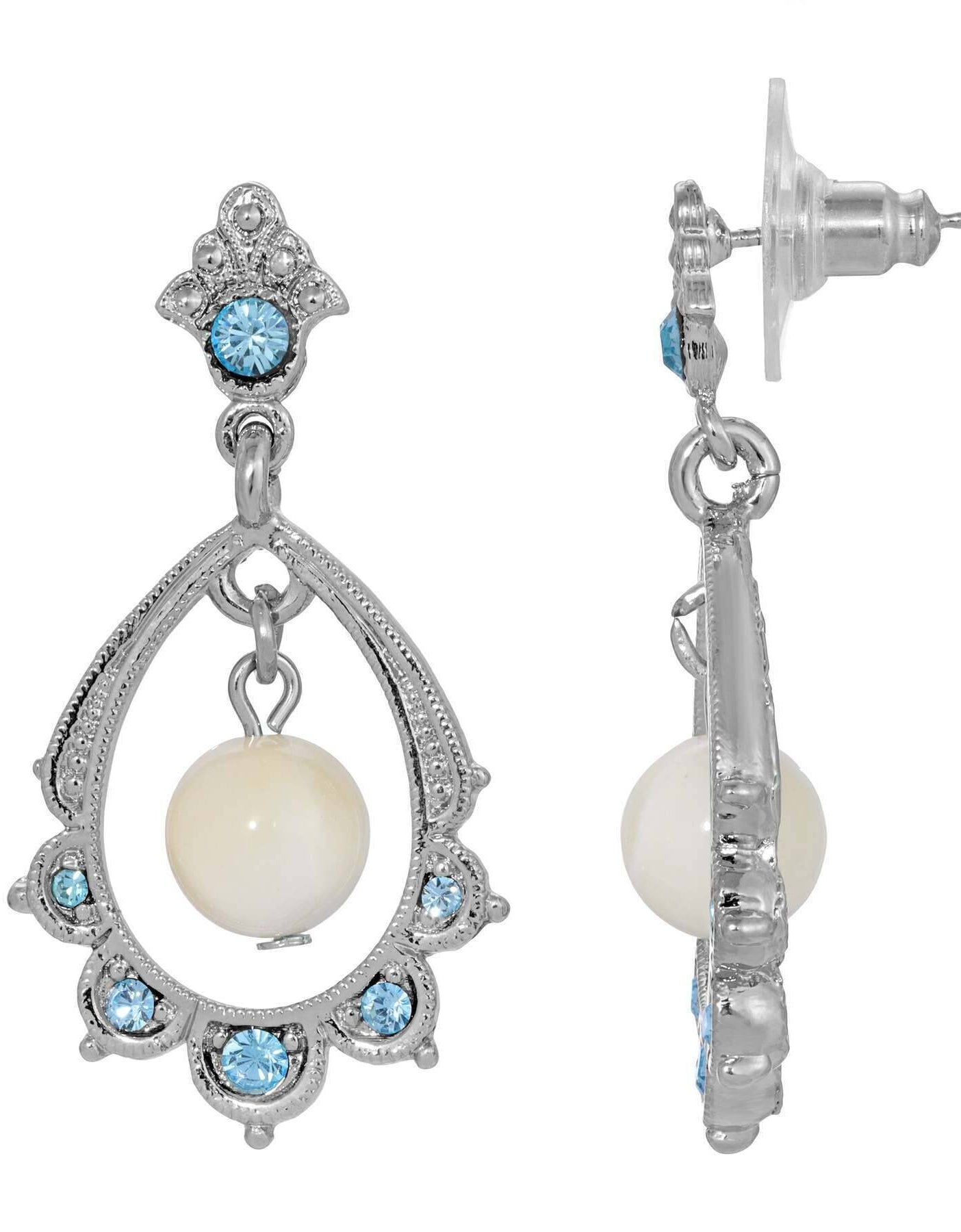 1928 Jewelry Aquamarine Crystal Mother Of Pearl Oval Post Drop Earrings