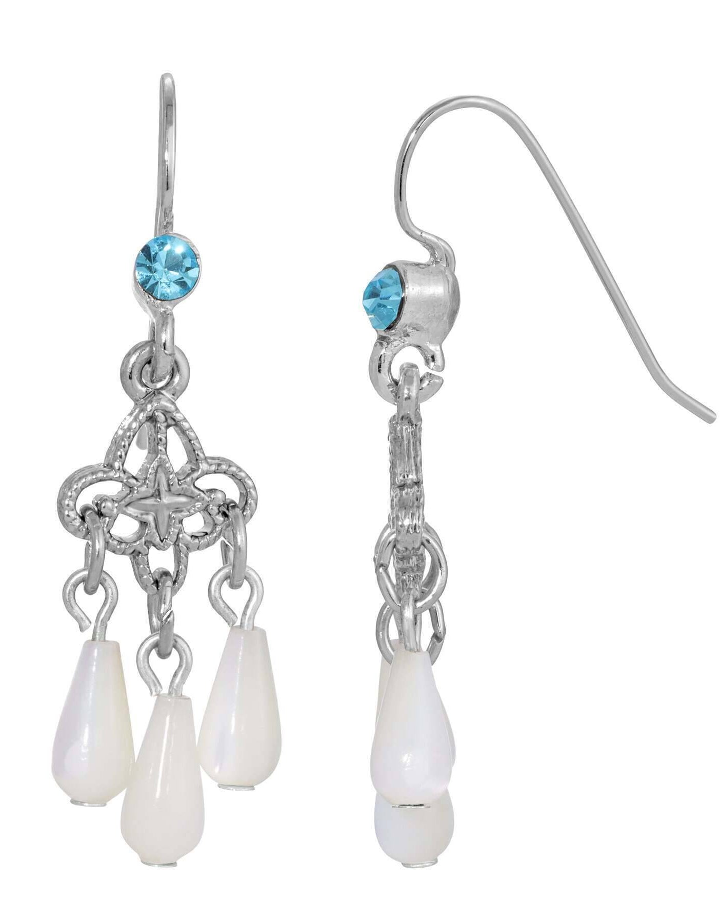 1928 Jewelry Aquamarine Crystal Mother Of Pearl Chandelier Earrings