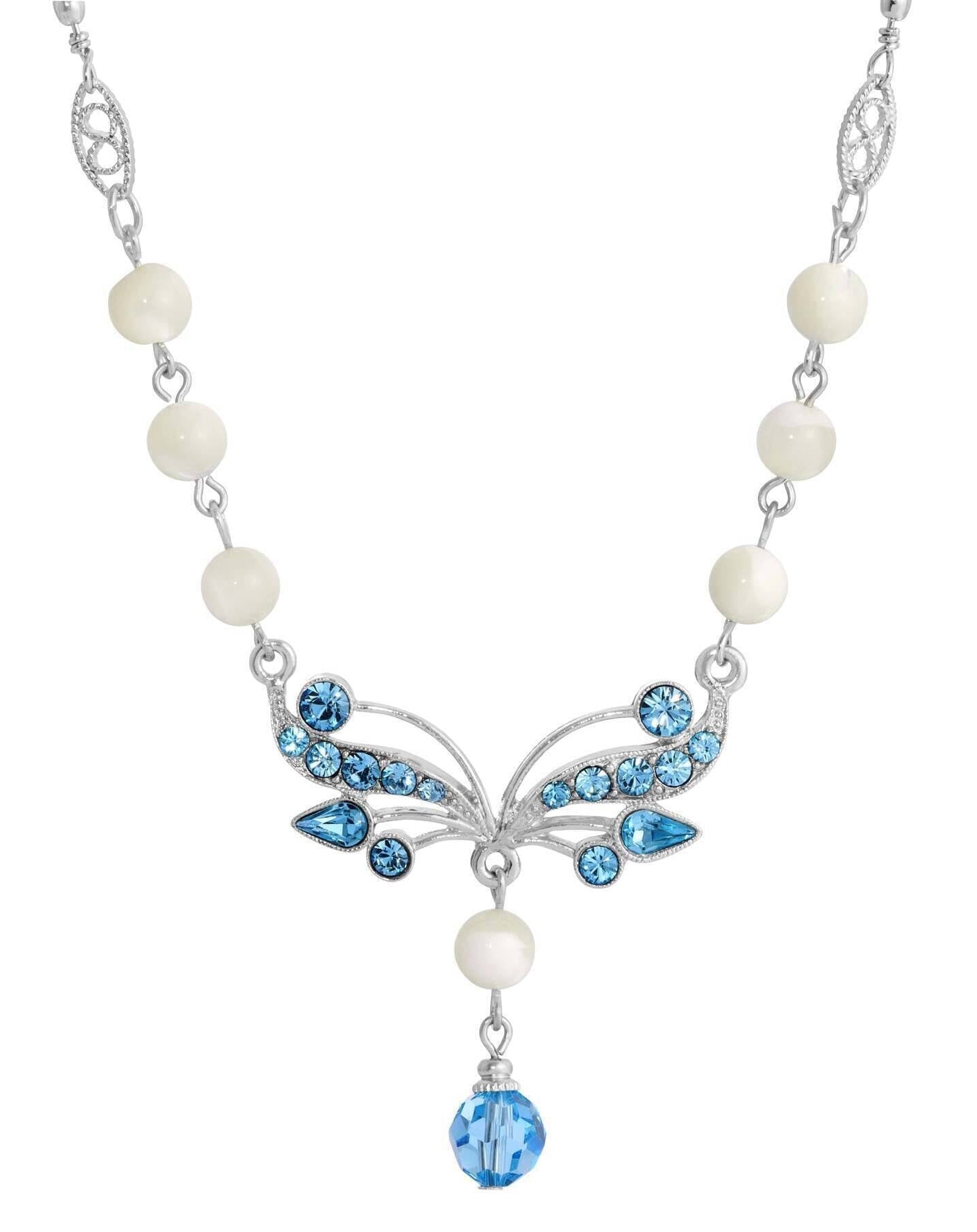 1928 Jewelry Aquamarine Crystal Mother Of Pearl Drop Necklace 16" + 3" Extender