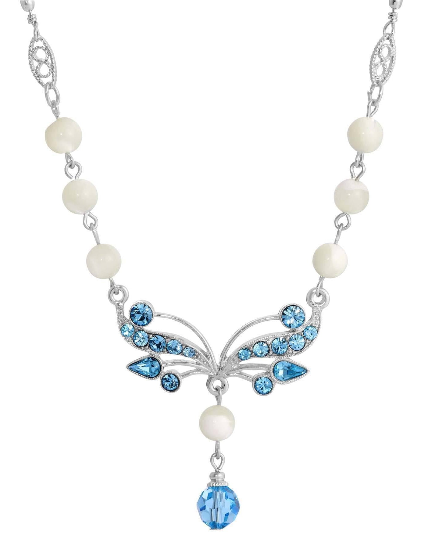 1928 Jewelry Aquamarine Crystal Mother Of Pearl Drop Necklace 16" + 3" Extender