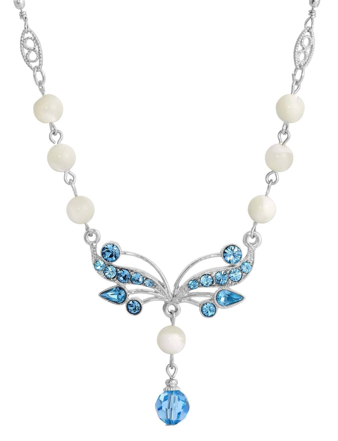 1928 Jewelry Aquamarine Crystal Mother Of Pearl Drop Necklace 16" + 3" Extender