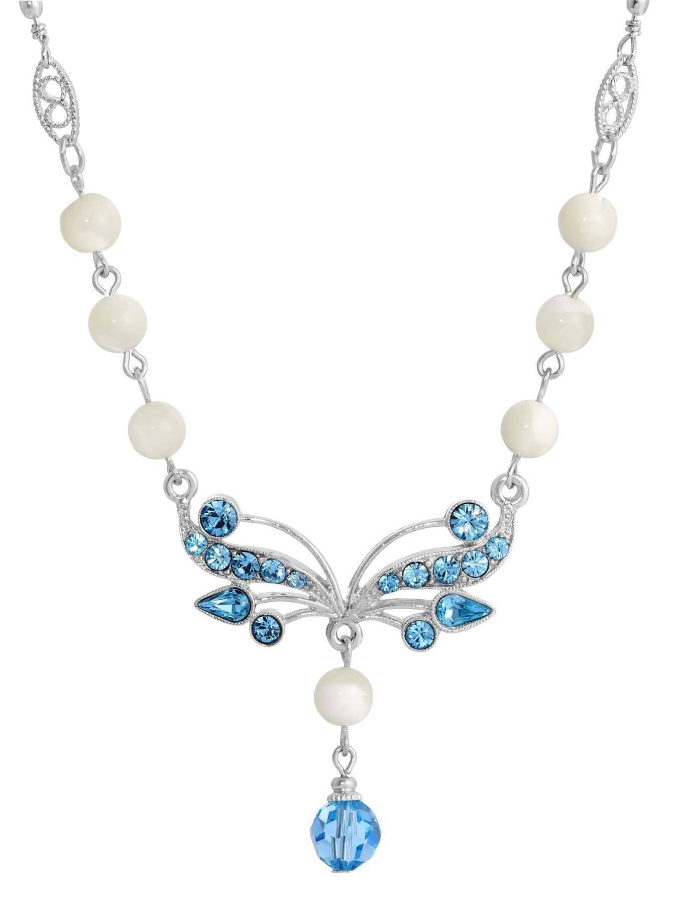 1928 Jewelry Aquamarine Crystal Mother Of Pearl Drop Necklace 16" + 3" Extender