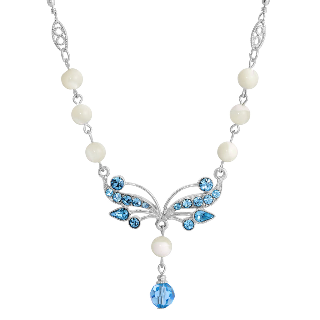 Aquamarine Crystal Mother Of Pearl Drop Necklace 16" + 3" Extender