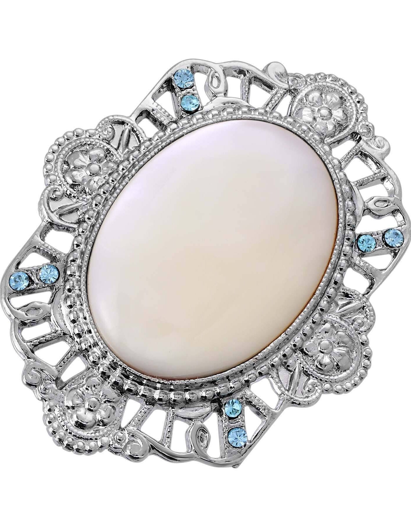 1928 Jewelry Aquamarine Crystal Mother Of Pearl Filigree Flower Pin