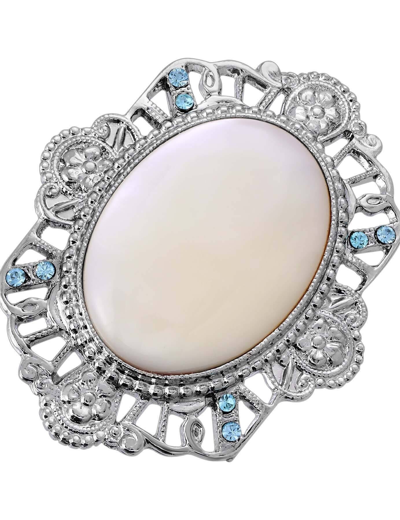 1928 Jewelry Aquamarine Crystal Mother Of Pearl Filigree Flower Pin