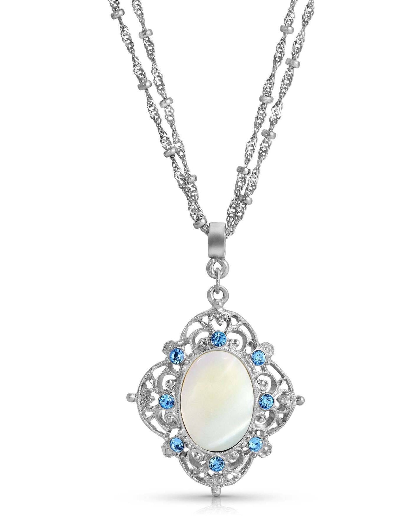1928 Jewelry Aquamarine Crystal Mother Of Pearl Filigree Pendant Necklace 16" + 3" Extender