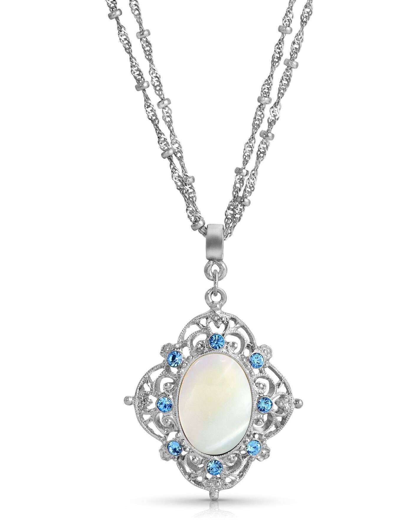 1928 Jewelry Aquamarine Crystal Mother Of Pearl Filigree Pendant Necklace 16" + 3" Extender