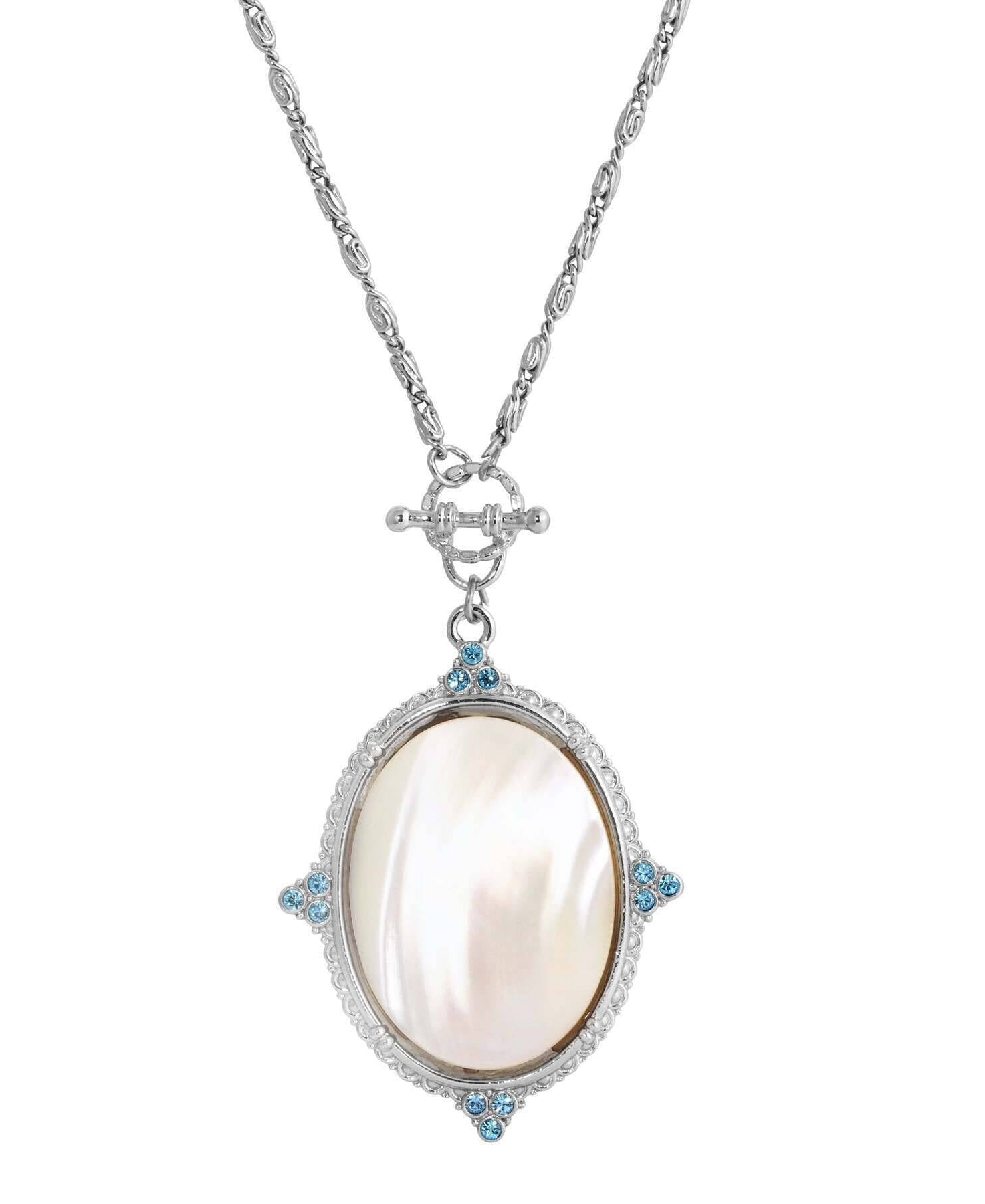 1928 Jewelry Aquamarine Crystal Mother Of Pearl Oval Pendant Toggle Necklace 30"
