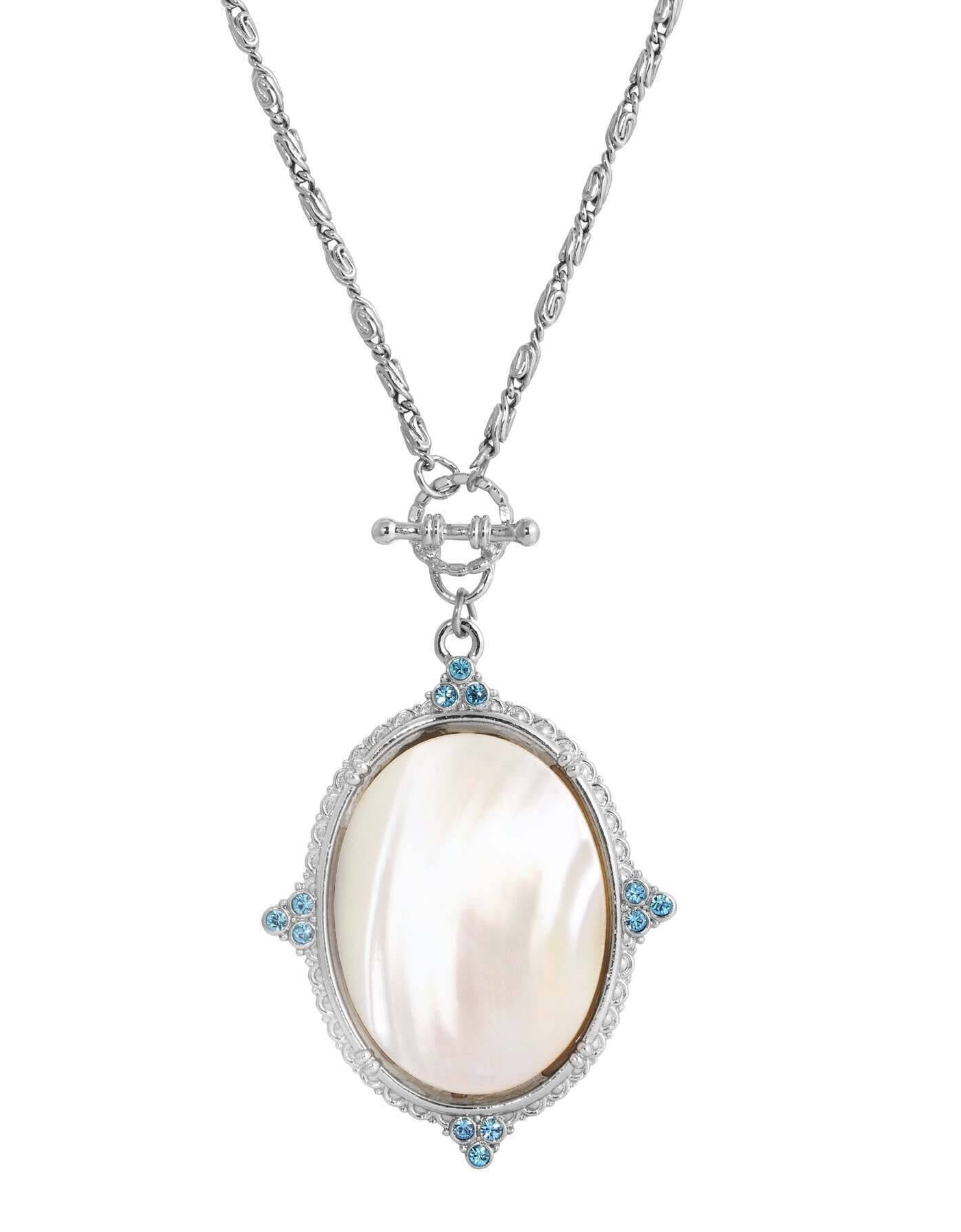 1928 Jewelry Aquamarine Crystal Mother Of Pearl Oval Pendant Toggle Necklace 30"