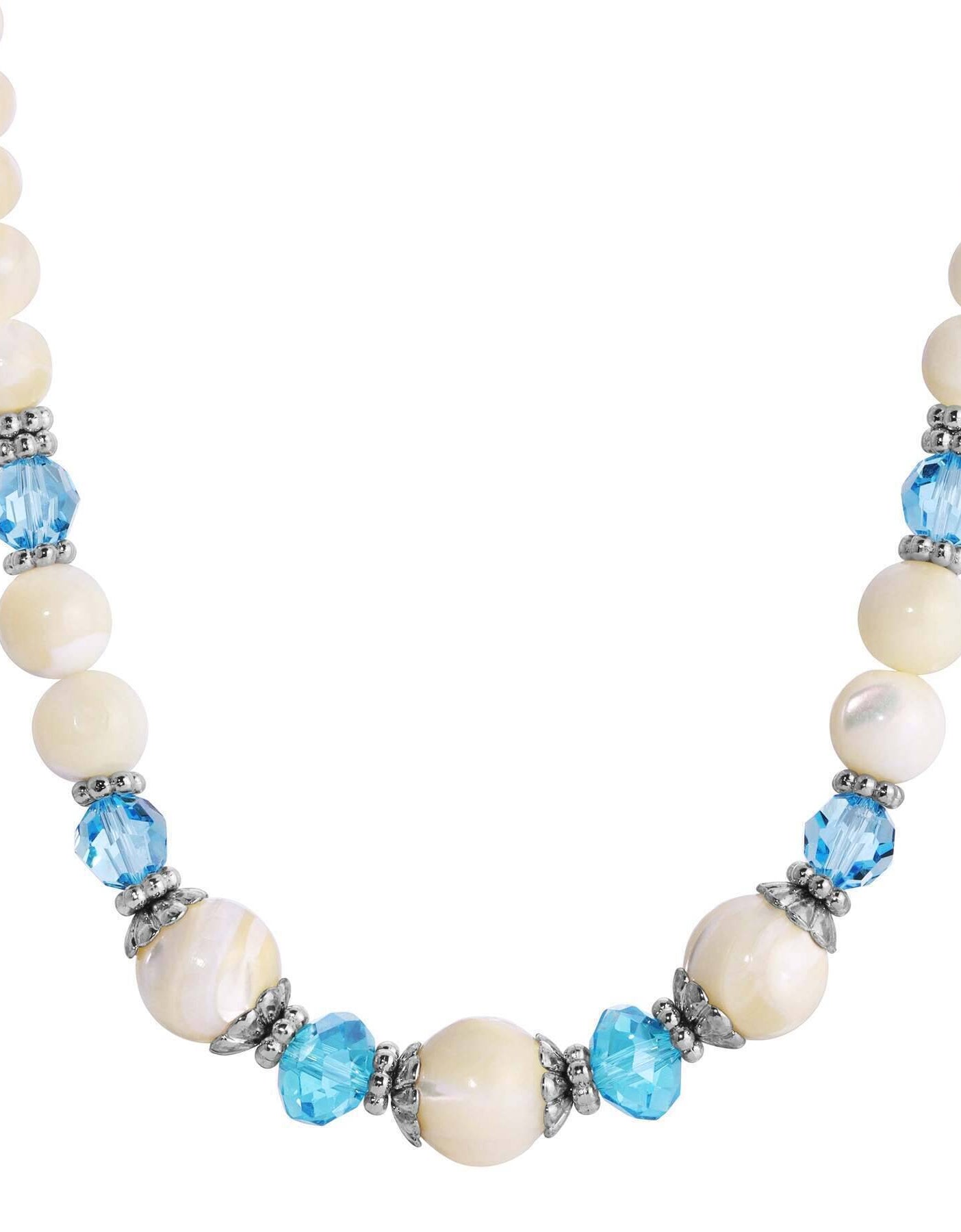 1928 Jewelry Aquamarine Crystal Mother Of Pearl Necklace 15" + 3" Extender