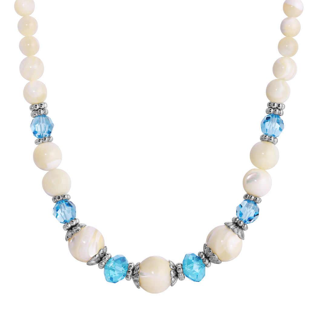 Aquamarine Crystal Mother Of Pearl Necklace 15" + 3" Extender