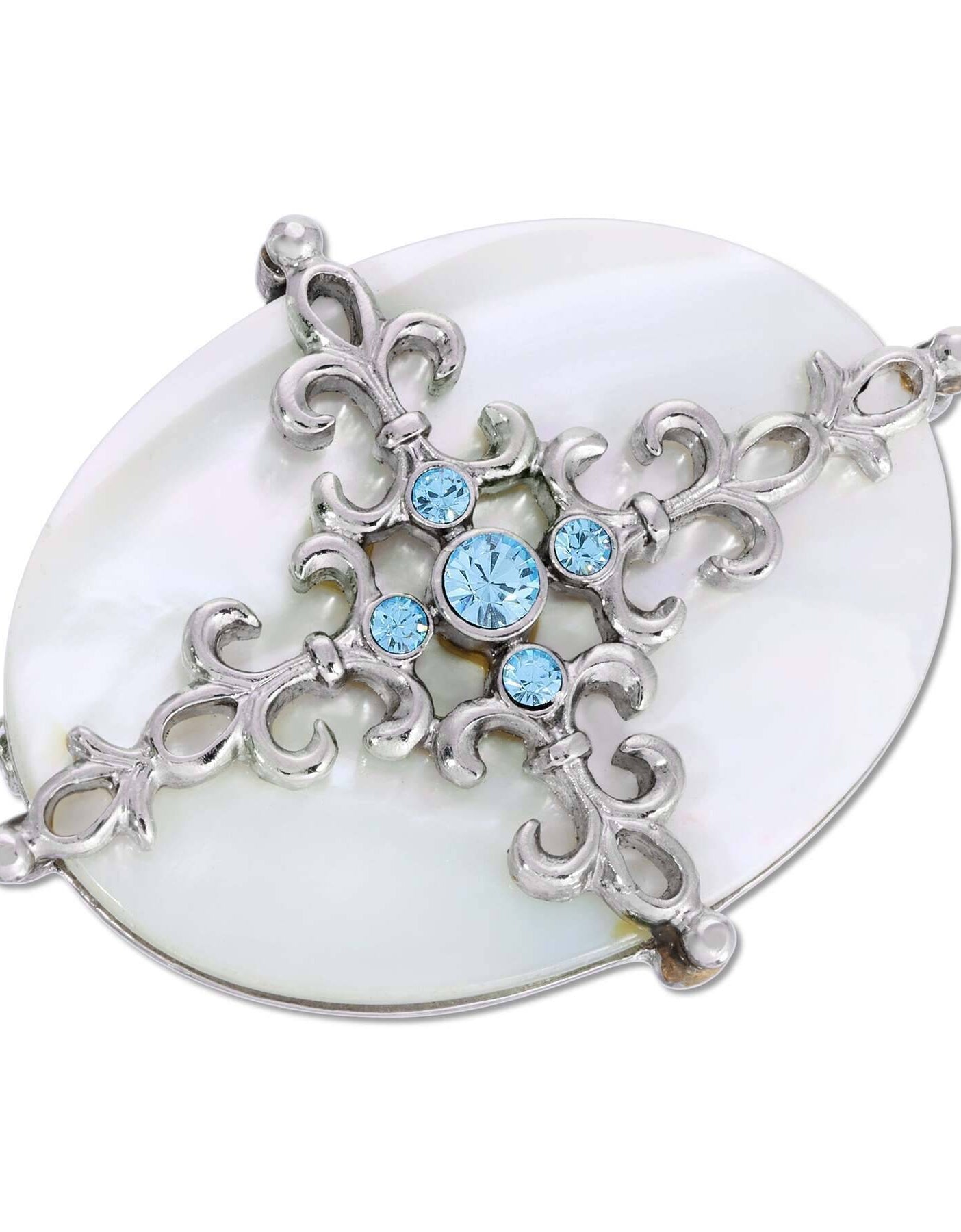 1928 Jewelry Aquamarine Crystal Mother Of Pearl Filigree Pin