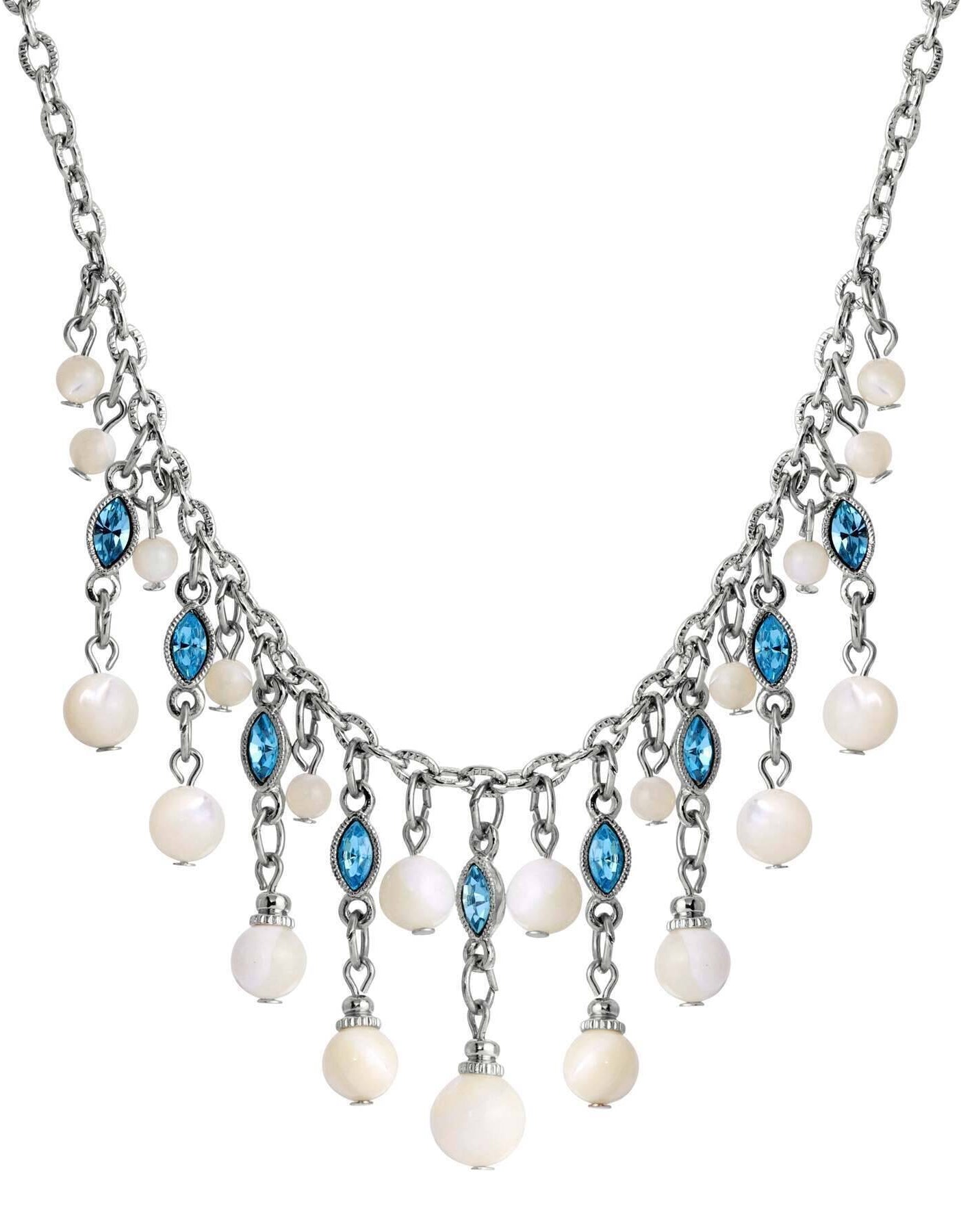 1928 Jewelry Aquamarine Crystal Mother Of Pearl Bib Necklace 16" + 3" Extender