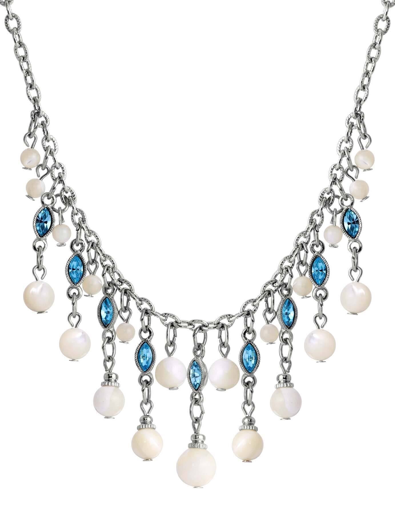 1928 Jewelry Aquamarine Crystal Mother Of Pearl Bib Necklace 16" + 3" Extender