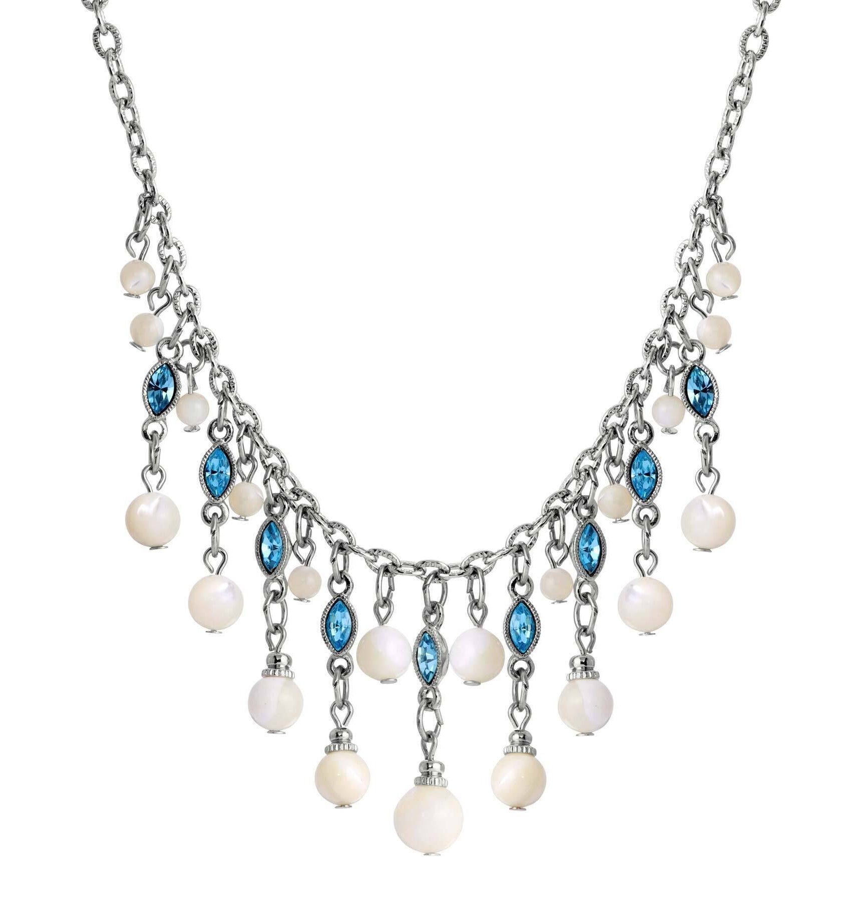 1928 Jewelry Aquamarine Crystal Mother Of Pearl Bib Necklace 16" + 3" Extender
