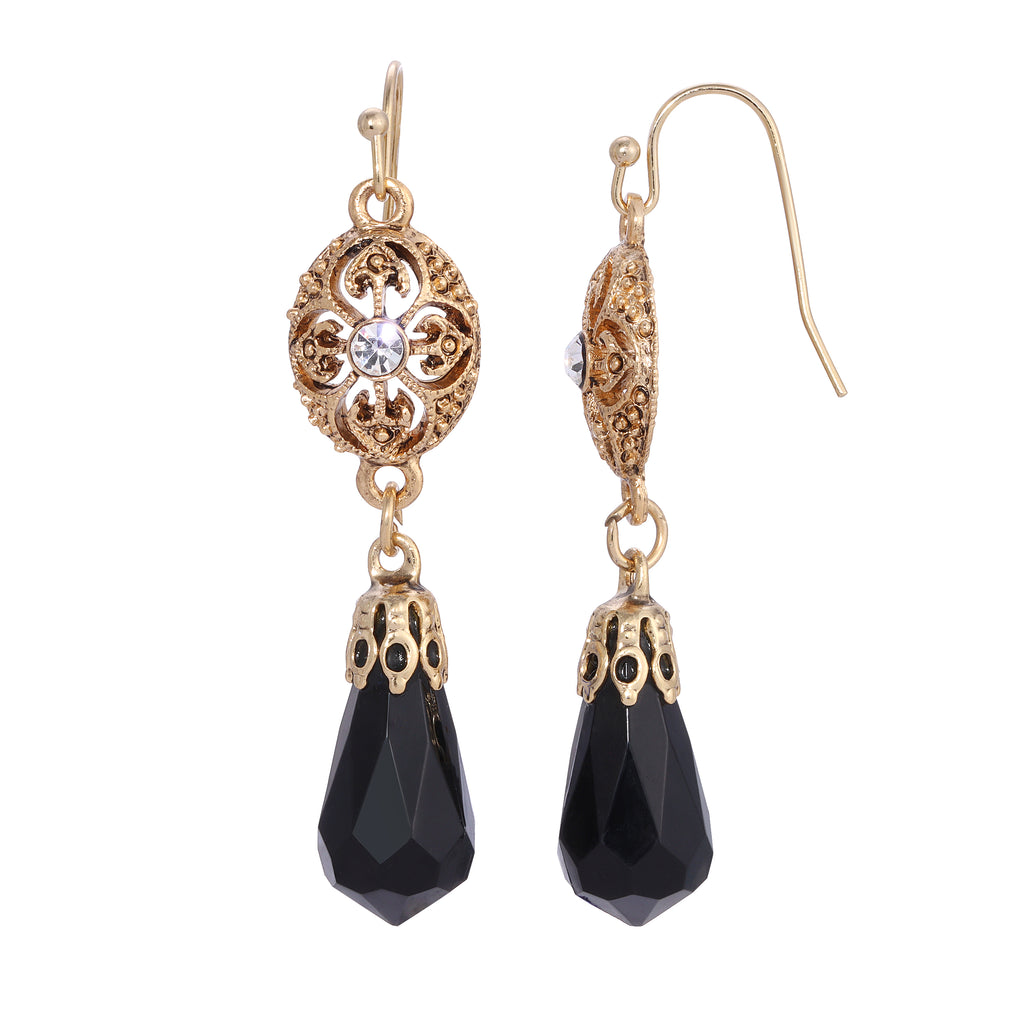 Icicle Drop Oval Filigree Black Crystal Accent Drop Earrings