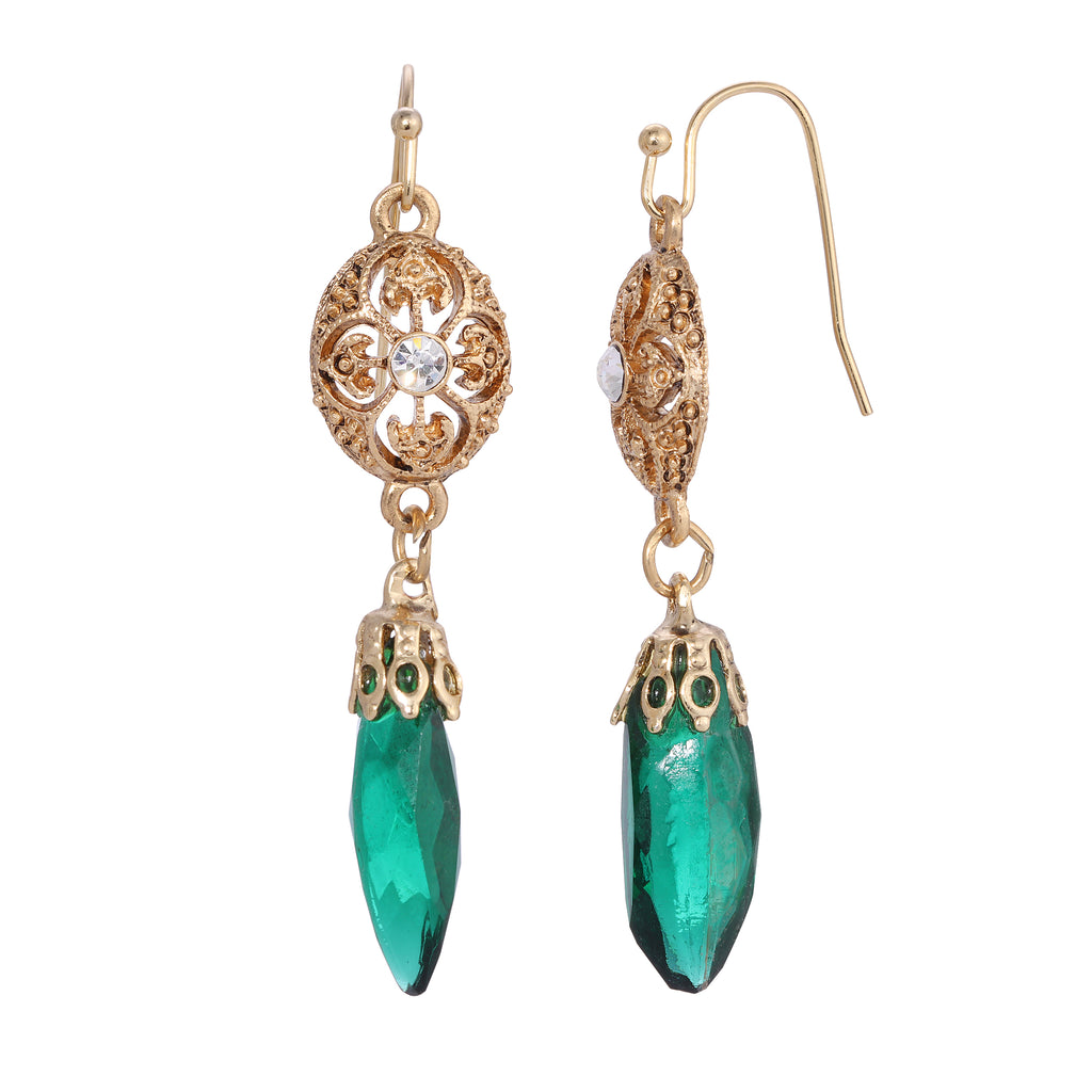 Icicle Drop Oval Filigree Green Crystal Accent Drop Earrings