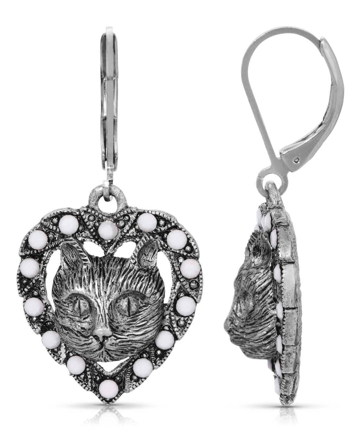 1928 Jewelry Heart And Cat White Opaque Accent Stone Lever Back Earrings