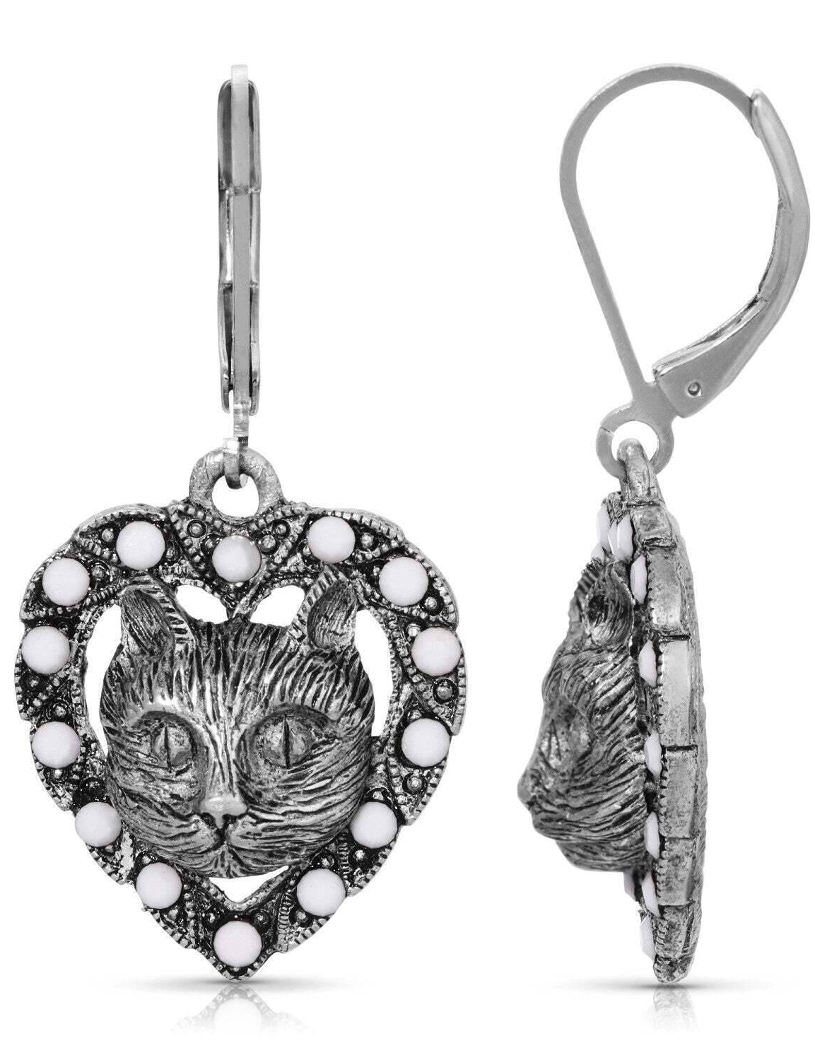 1928 Jewelry Heart And Cat White Opaque Accent Stone Lever Back Earrings