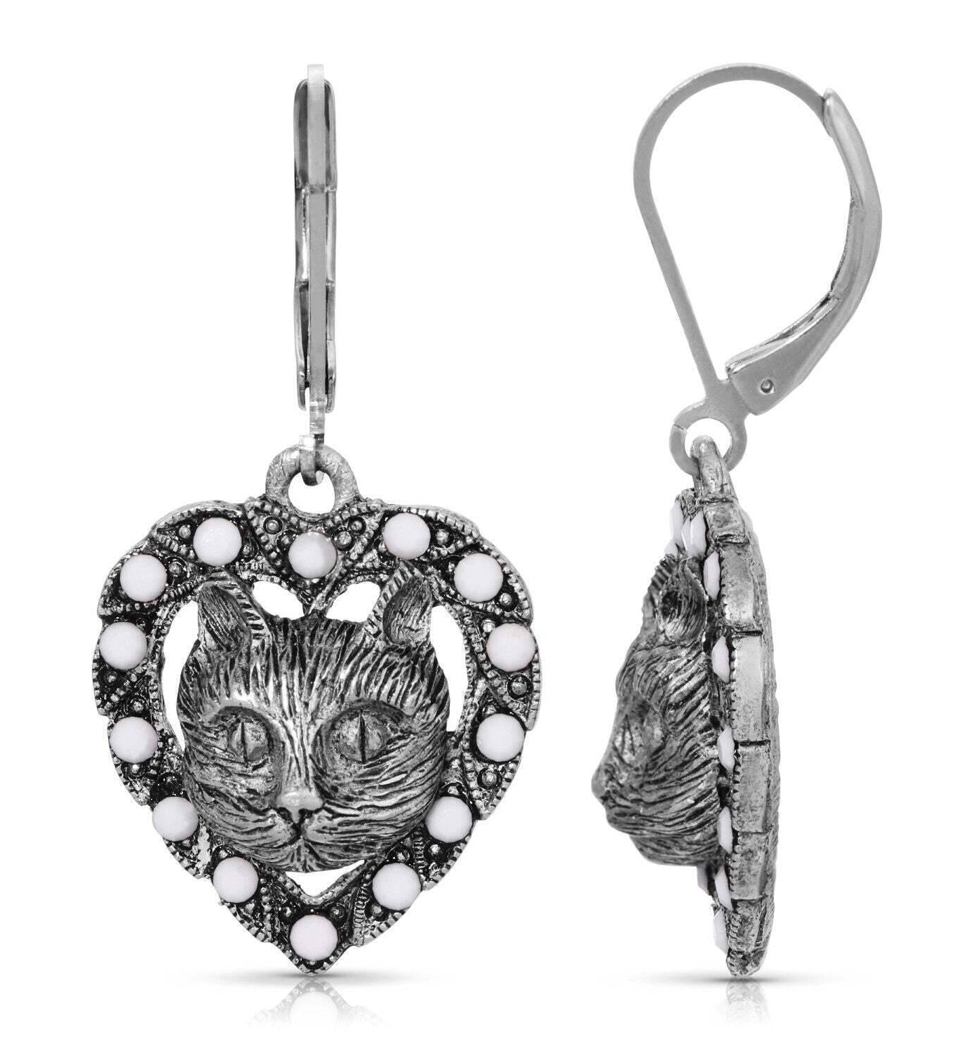1928 Jewelry Heart And Cat White Opaque Accent Stone Lever Back Earrings