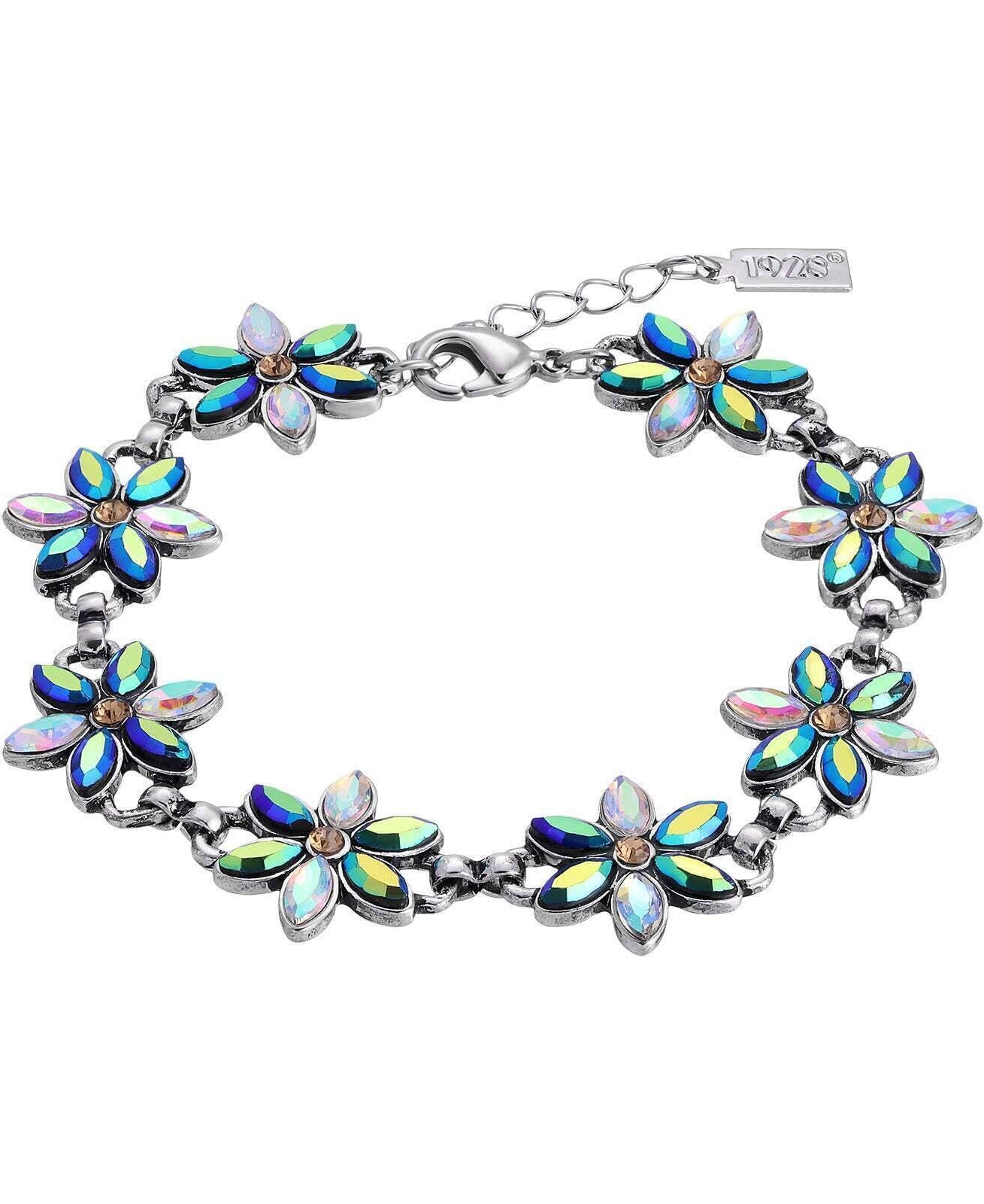 1928 Jewelry Peacock Plumage Blue Iridescent AB Glass Flower Bracelet