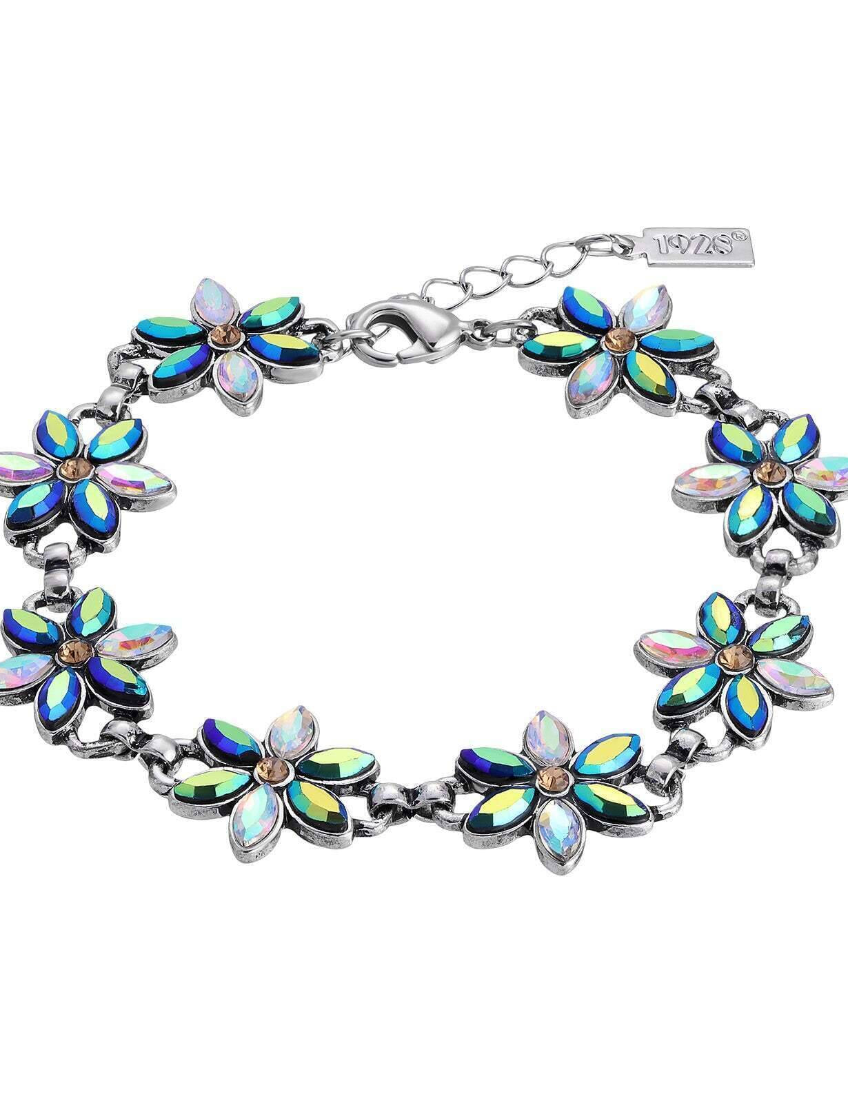 1928 Jewelry Peacock Plumage Blue Iridescent AB Glass Flower Bracelet