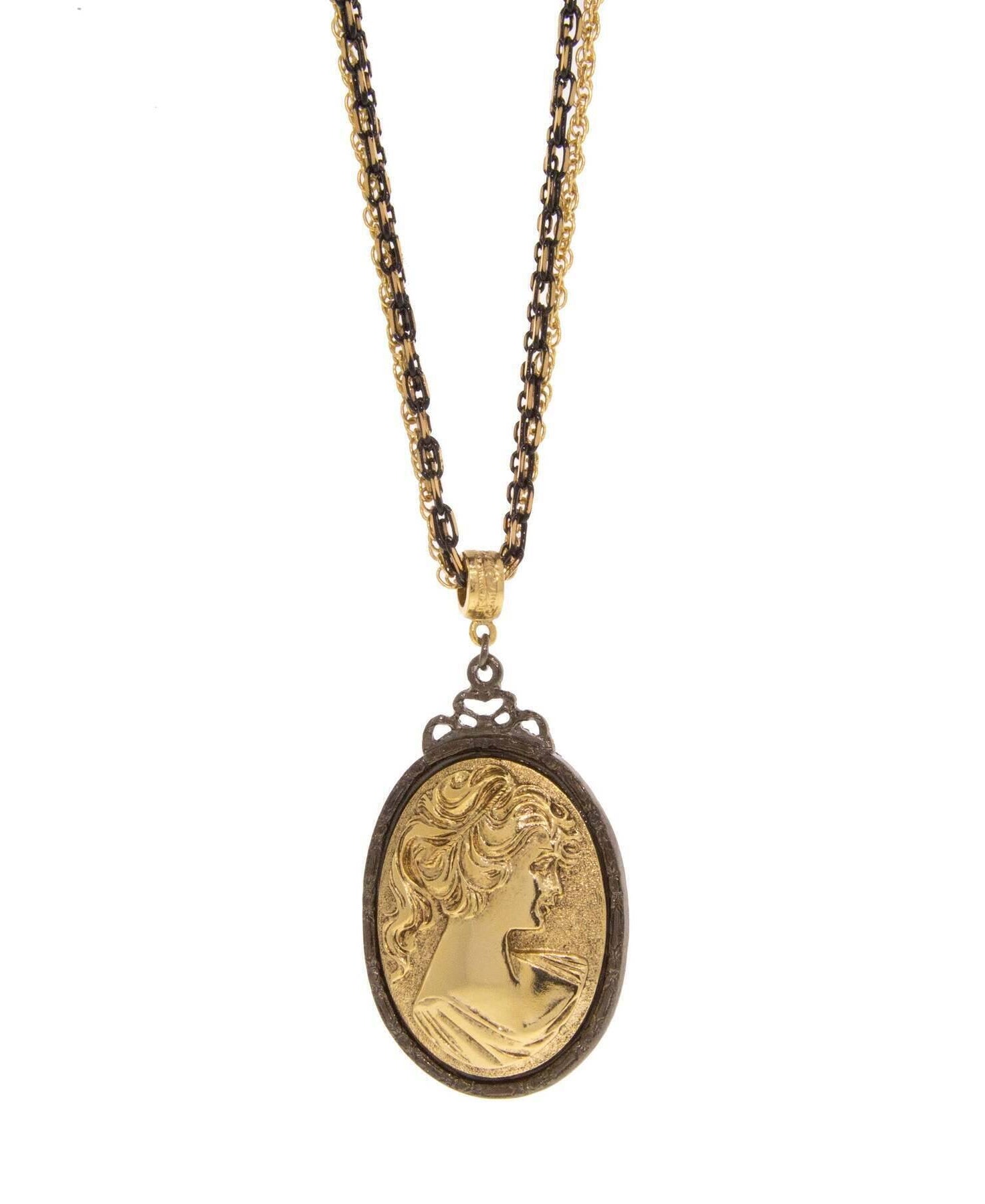 1928 Jewelry Black And Gold Multi Chain Oval Cameo Pendant Necklace 16" + 3" Extender