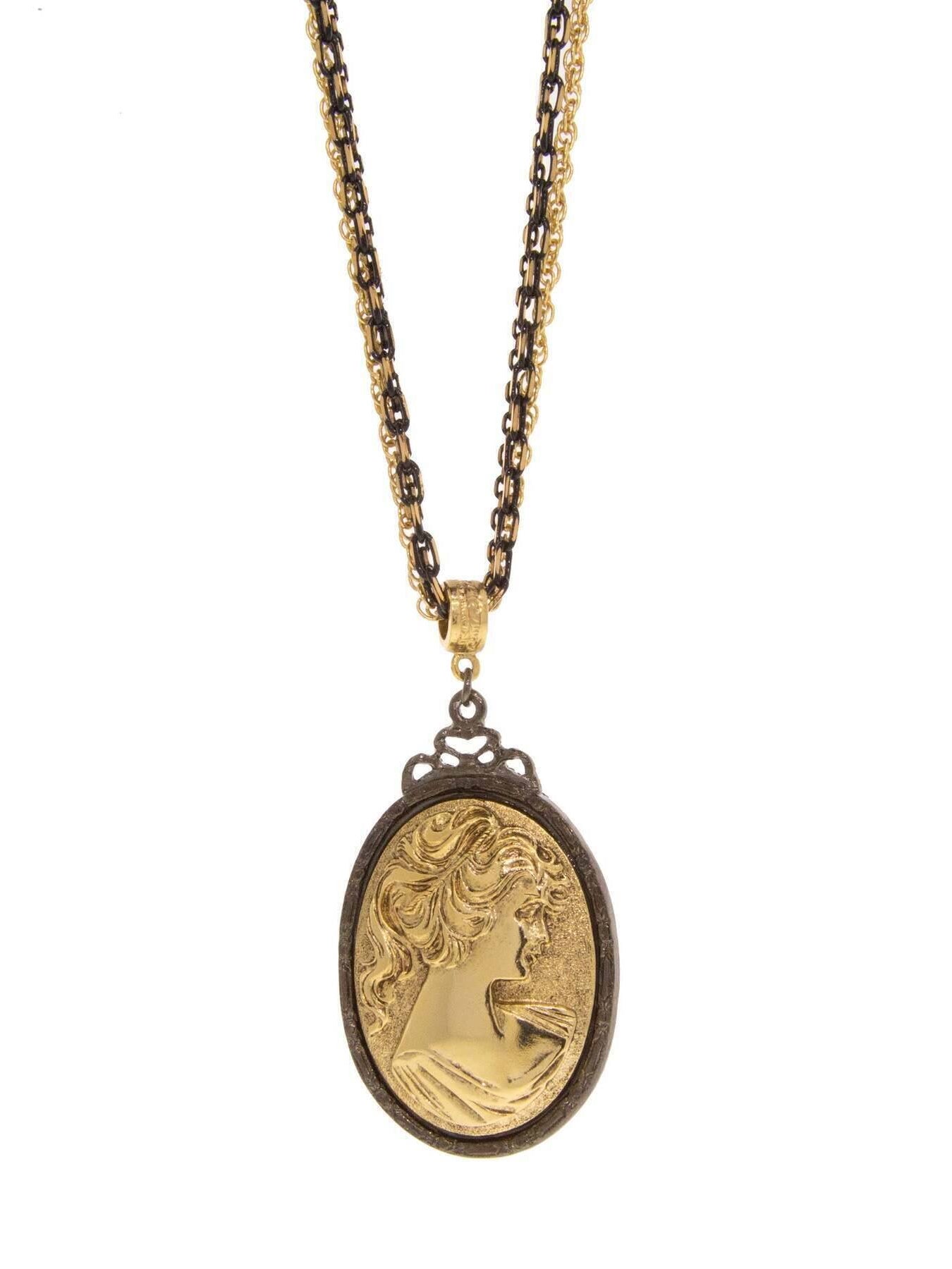 1928 Jewelry Black And Gold Multi Chain Oval Cameo Pendant Necklace 16" + 3" Extender