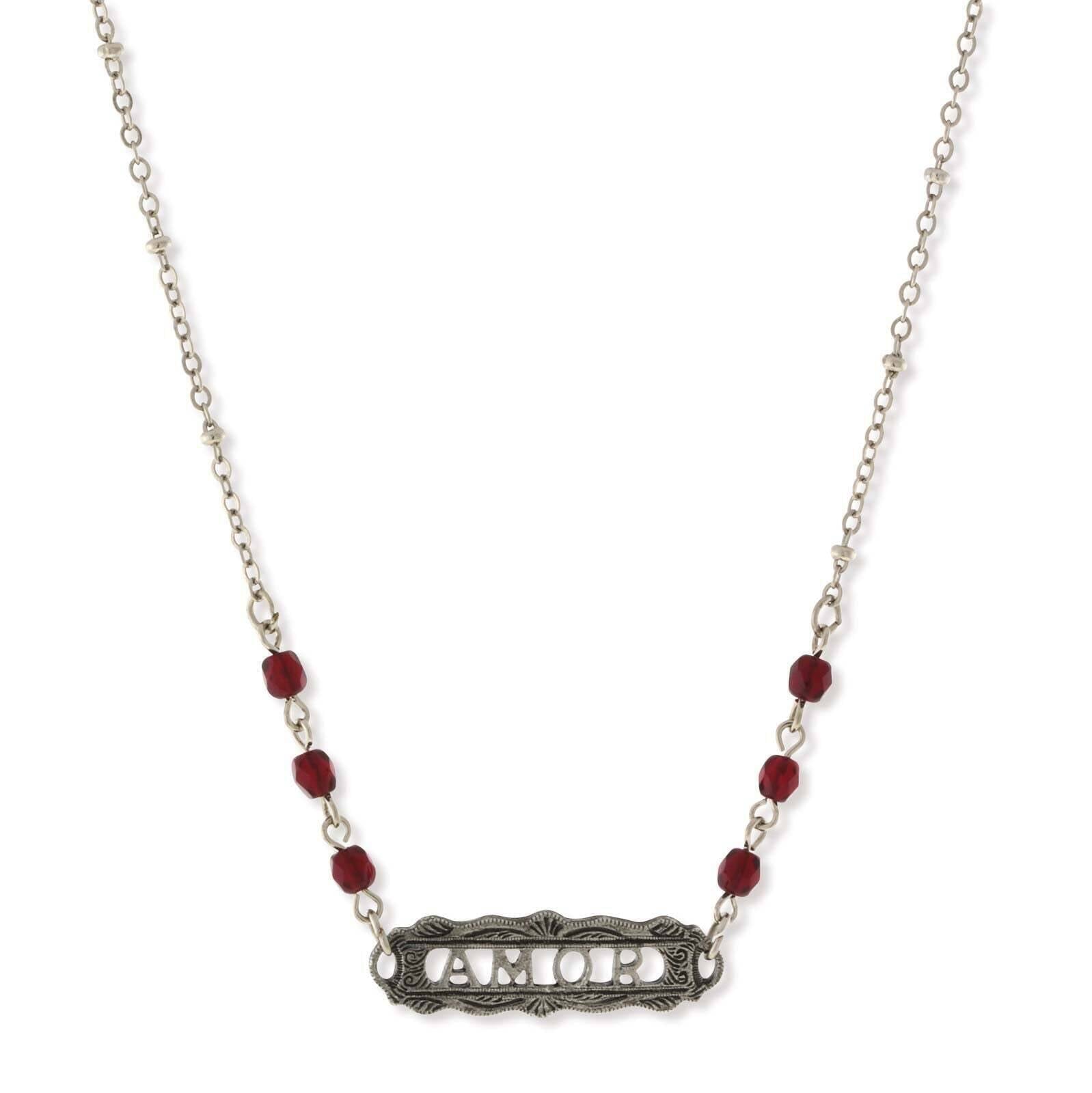 1928 Jewelry Pewter Beaded Amor Pendant Necklace 16" + 3" Extender