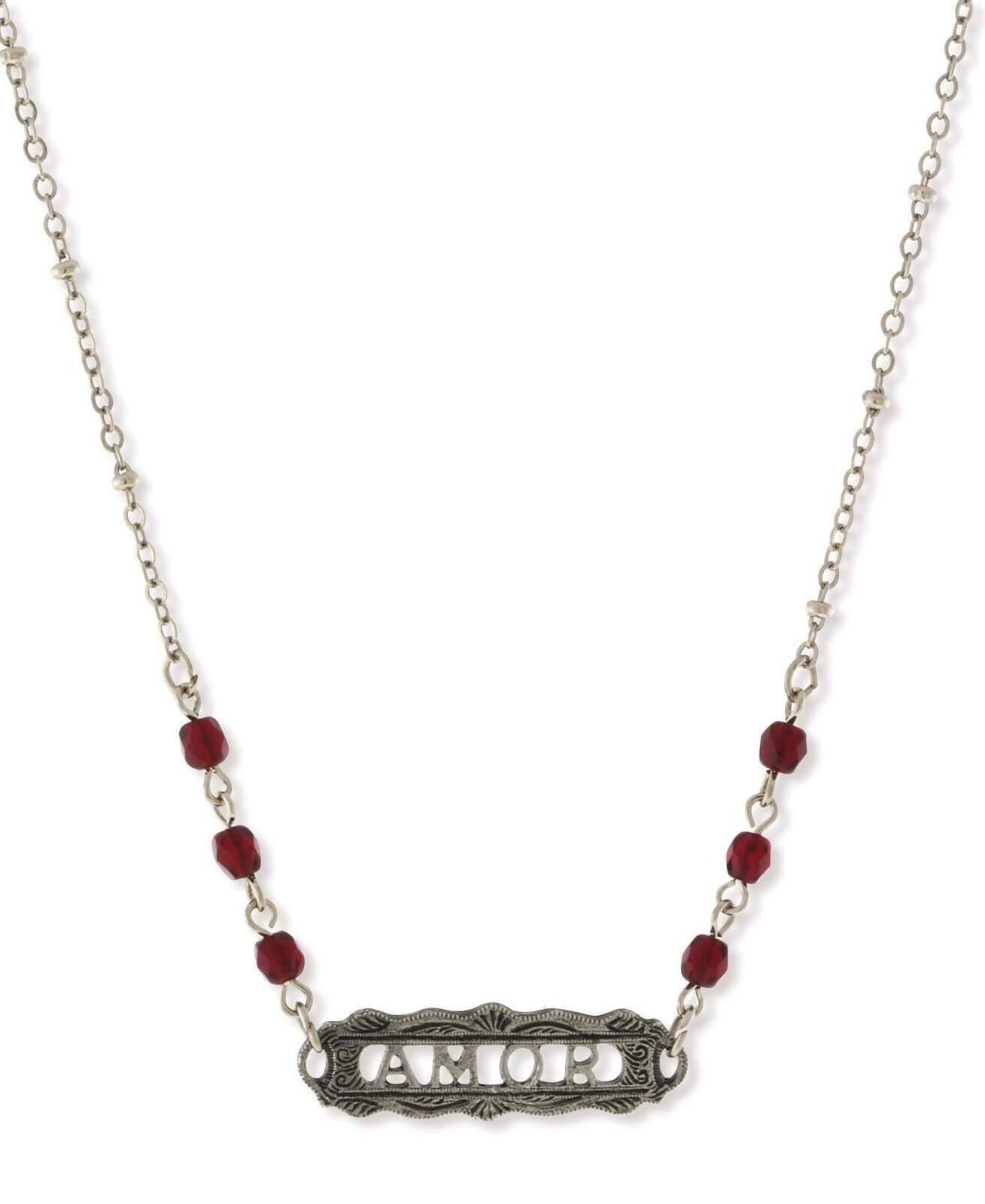 1928 Jewelry Pewter Beaded Amor Pendant Necklace 16" + 3" Extender