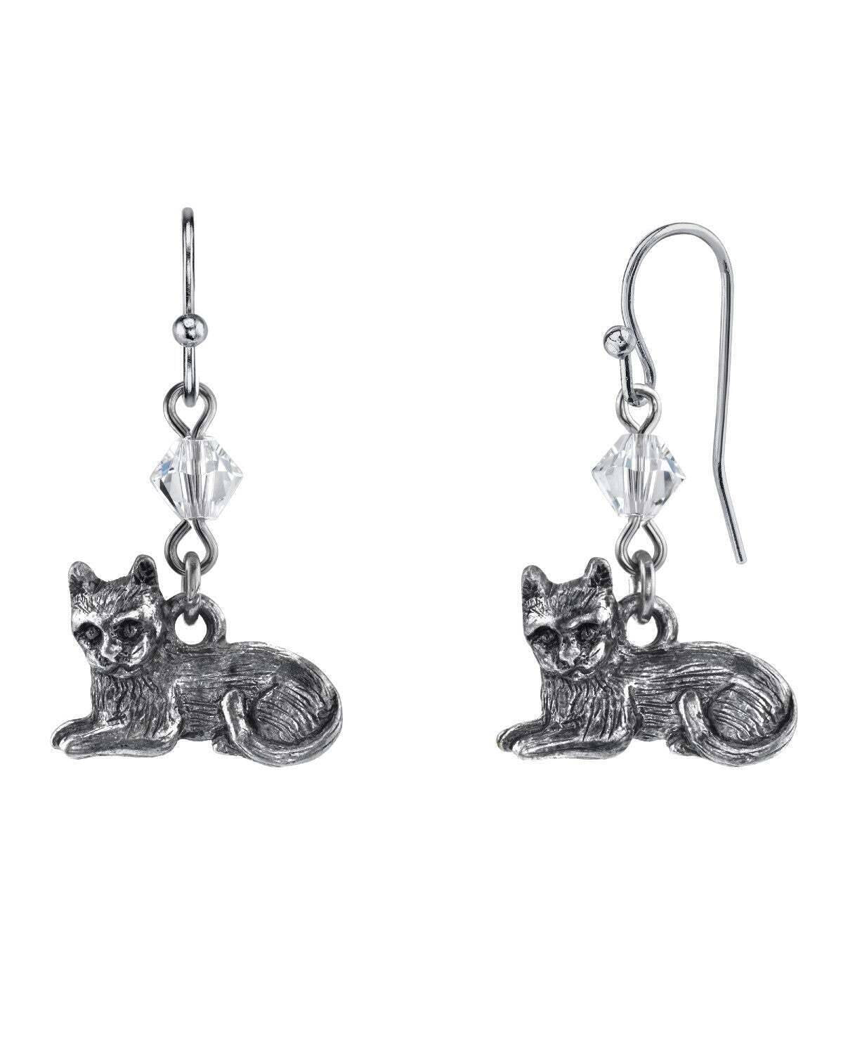 1928 Jewelry Pewter Cat & Austrian Crystal Bead Wire Earrings