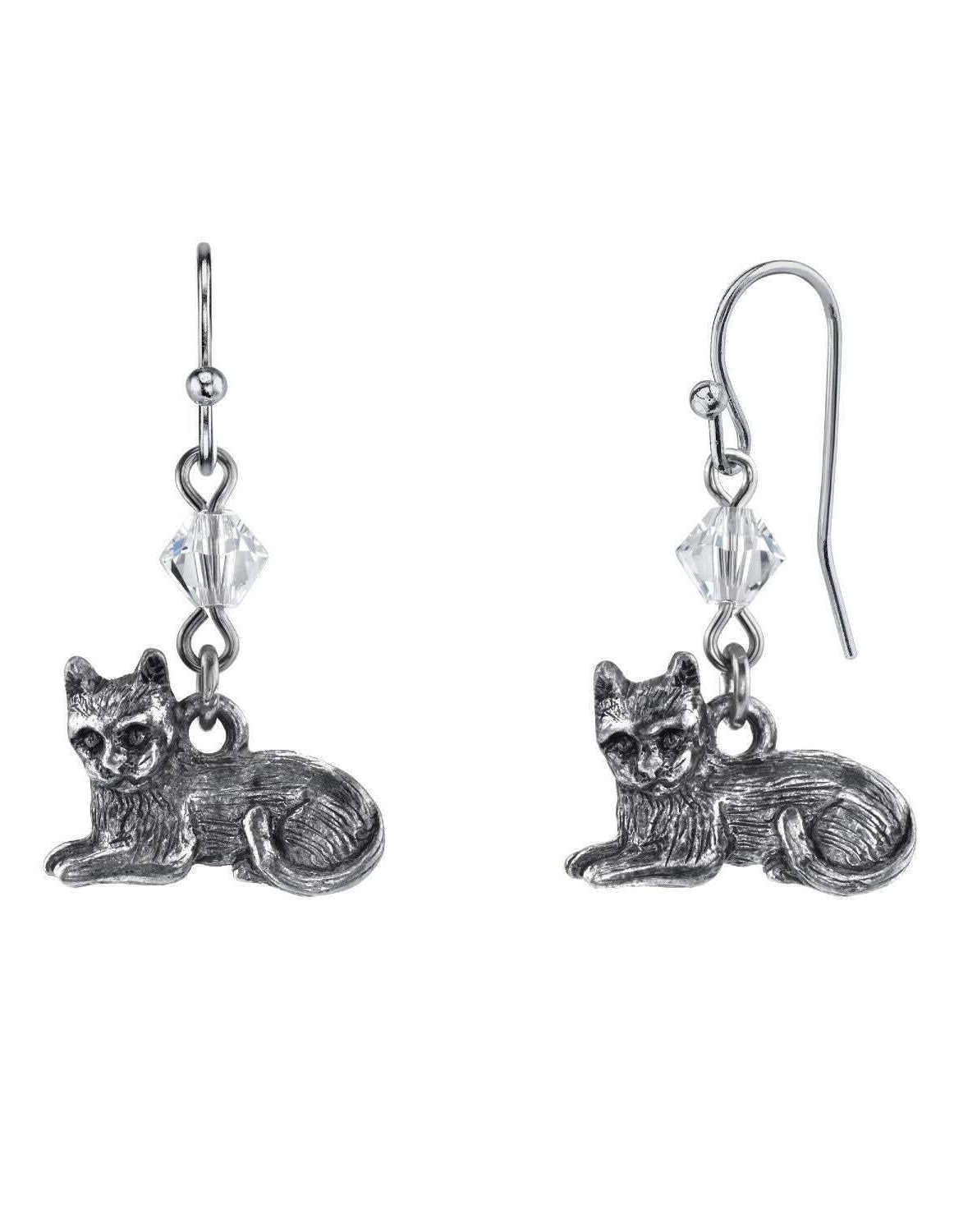 1928 Jewelry Pewter Cat & Austrian Crystal Bead Wire Earrings