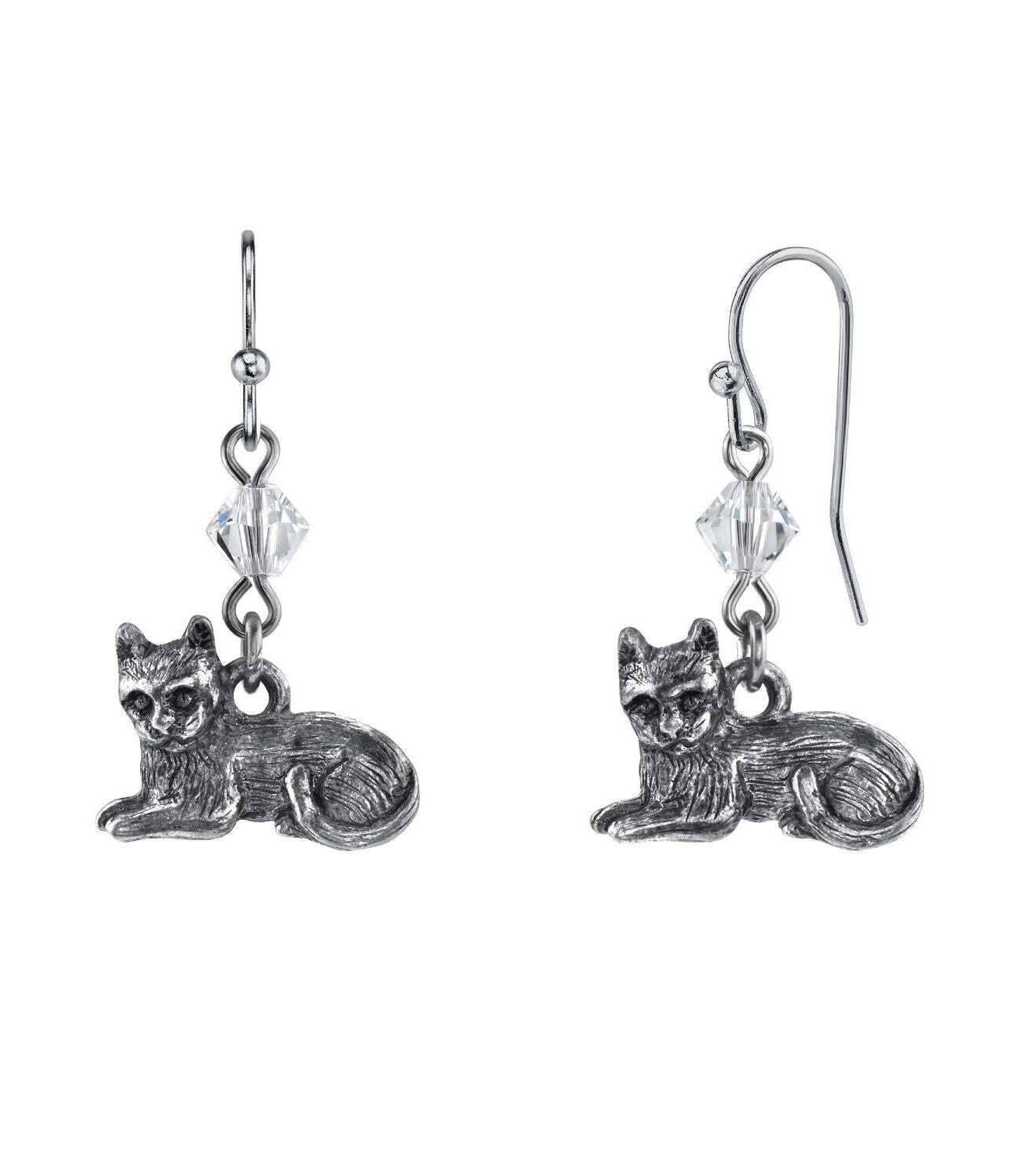 1928 Jewelry Pewter Cat & Austrian Crystal Bead Wire Earrings
