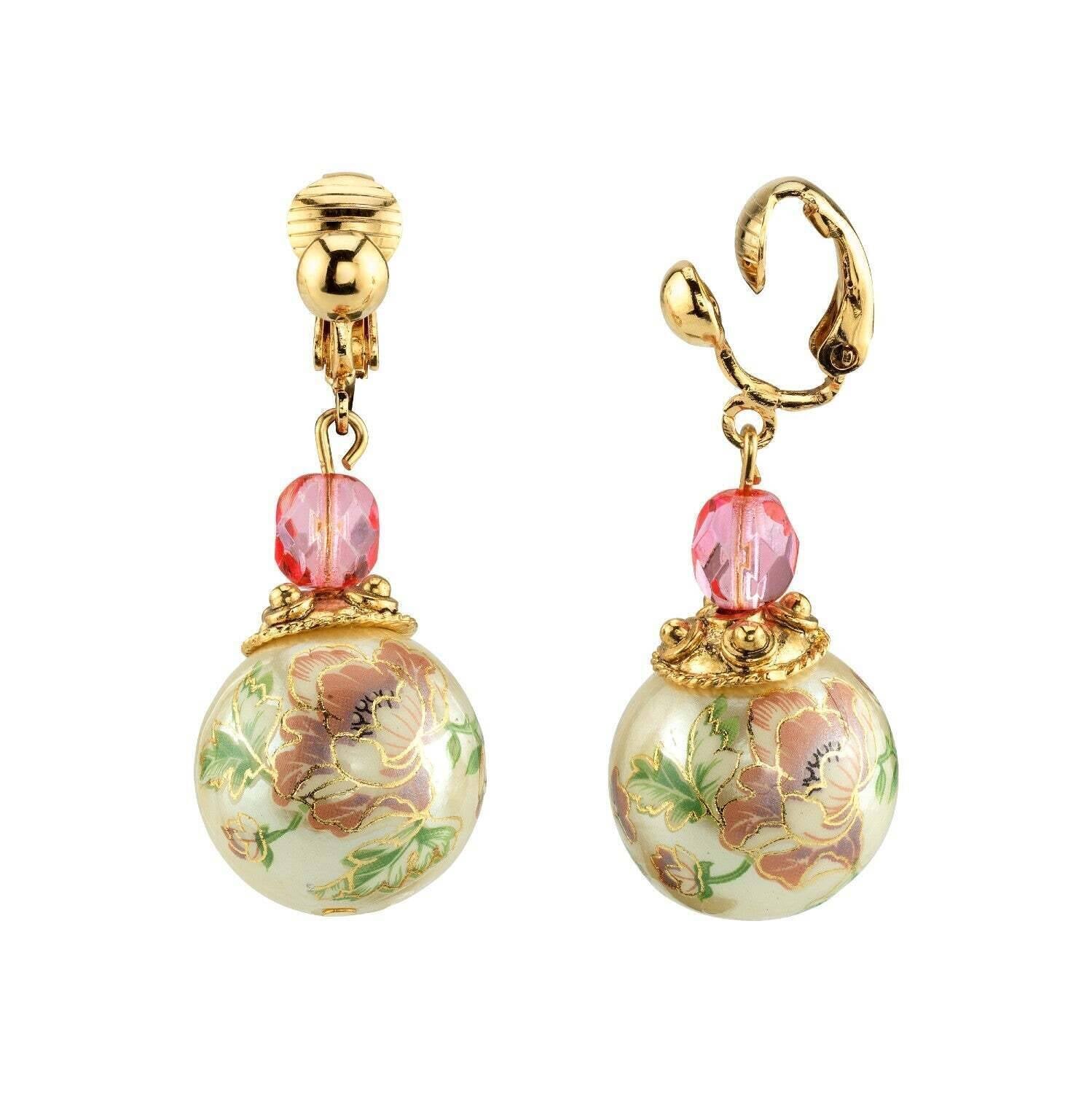 1928 Jewelry Flower Decal Faux Pearl With Pink Crystal Clip On Drop Earrings