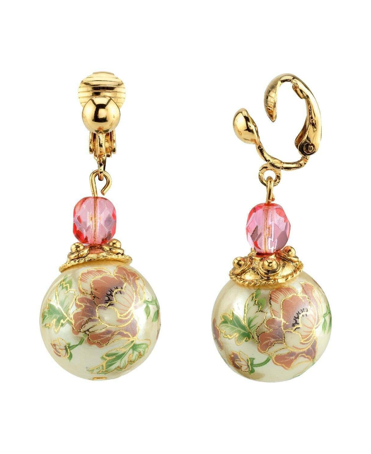 1928 Jewelry Flower Decal Faux Pearl With Pink Crystal Clip On Drop Earrings