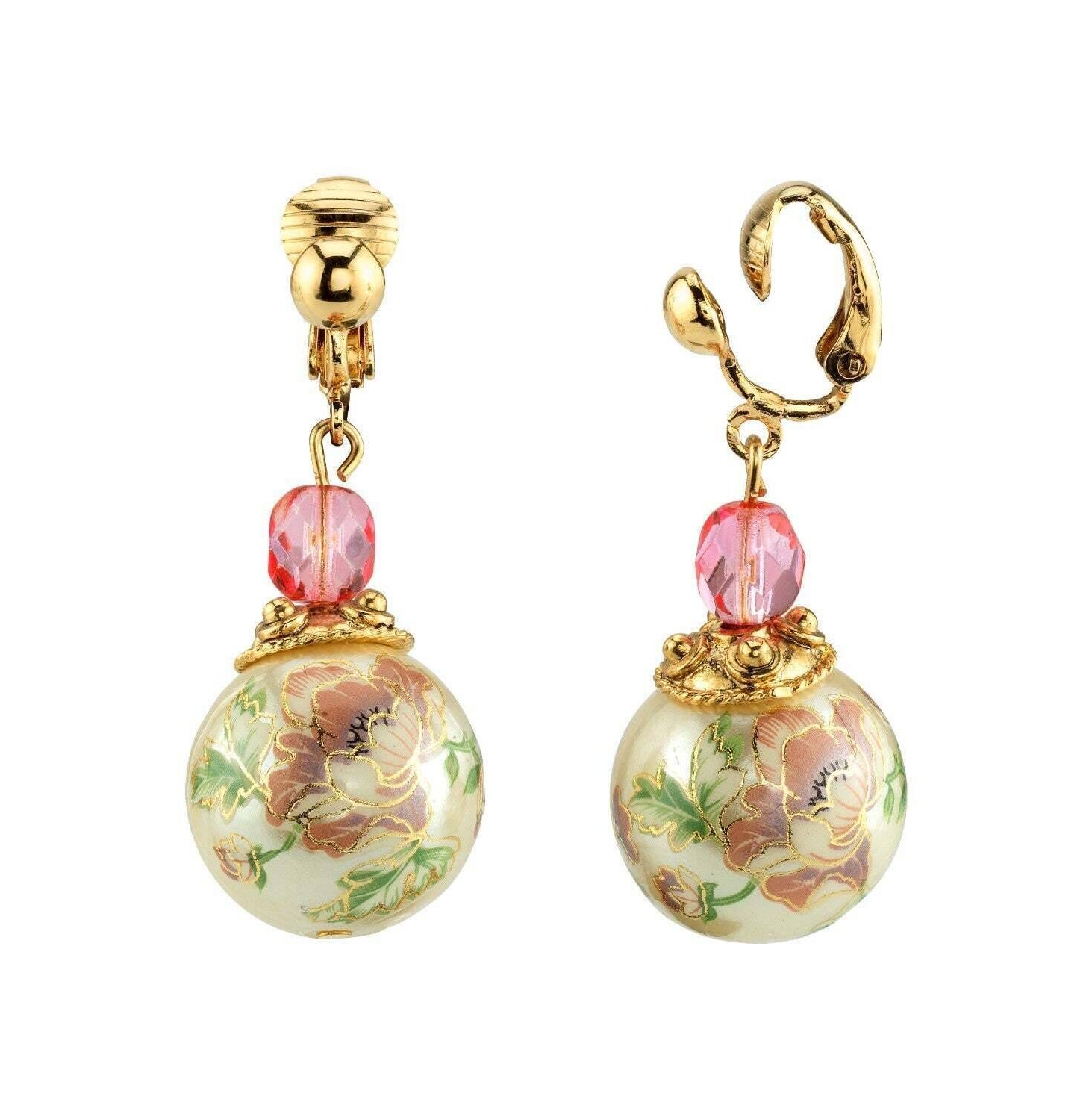 1928 Jewelry Flower Decal Faux Pearl With Pink Crystal Clip On Drop Earrings