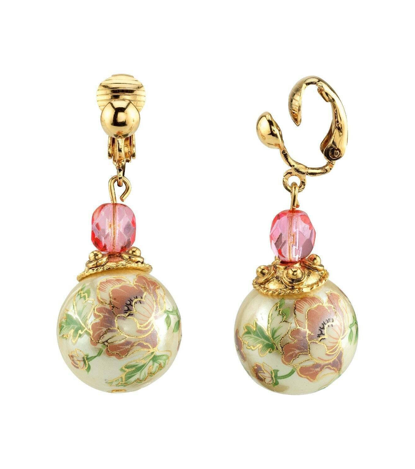 1928 Jewelry Flower Decal Faux Pearl With Pink Crystal Clip On Drop Earrings