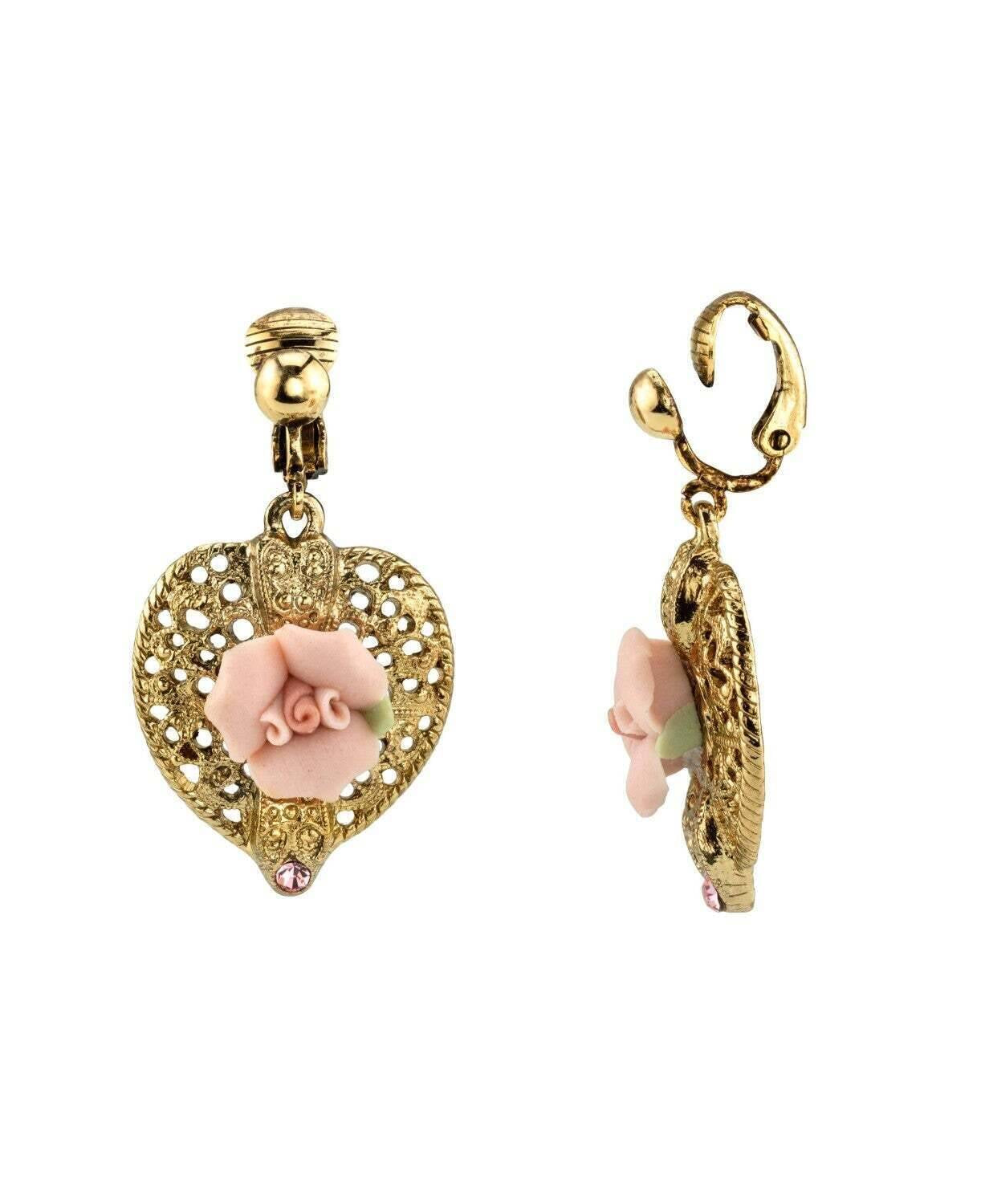 1928 Jewelry Porcelain Rose Filigree Heart Clip On Earrings