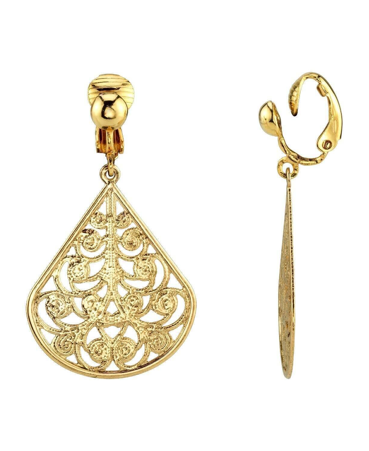 1928 Jewelry Filigree Teardrop Clip On Earrings